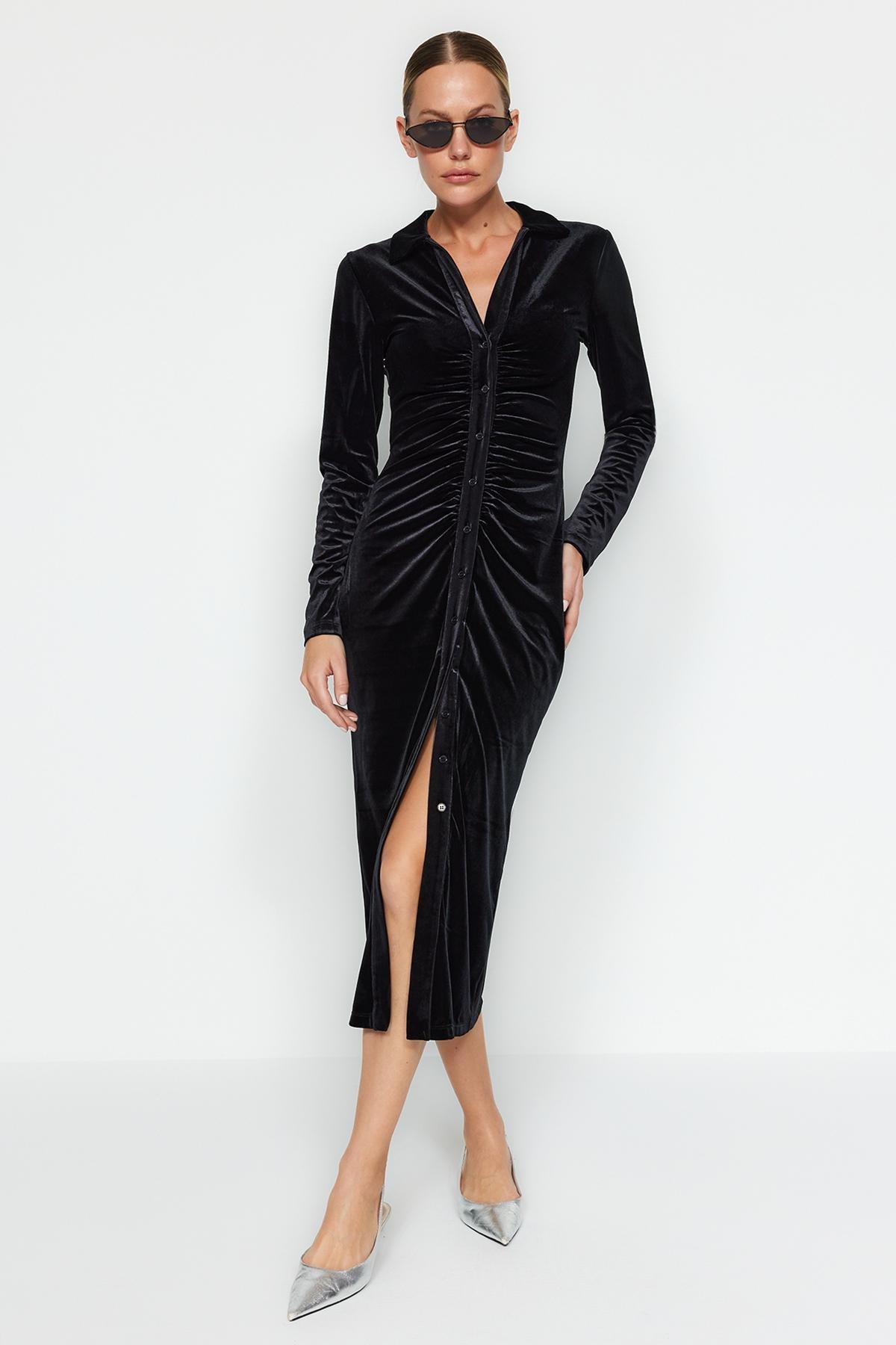Black Polo Neck Velvet Midi Dress, , large image number 0