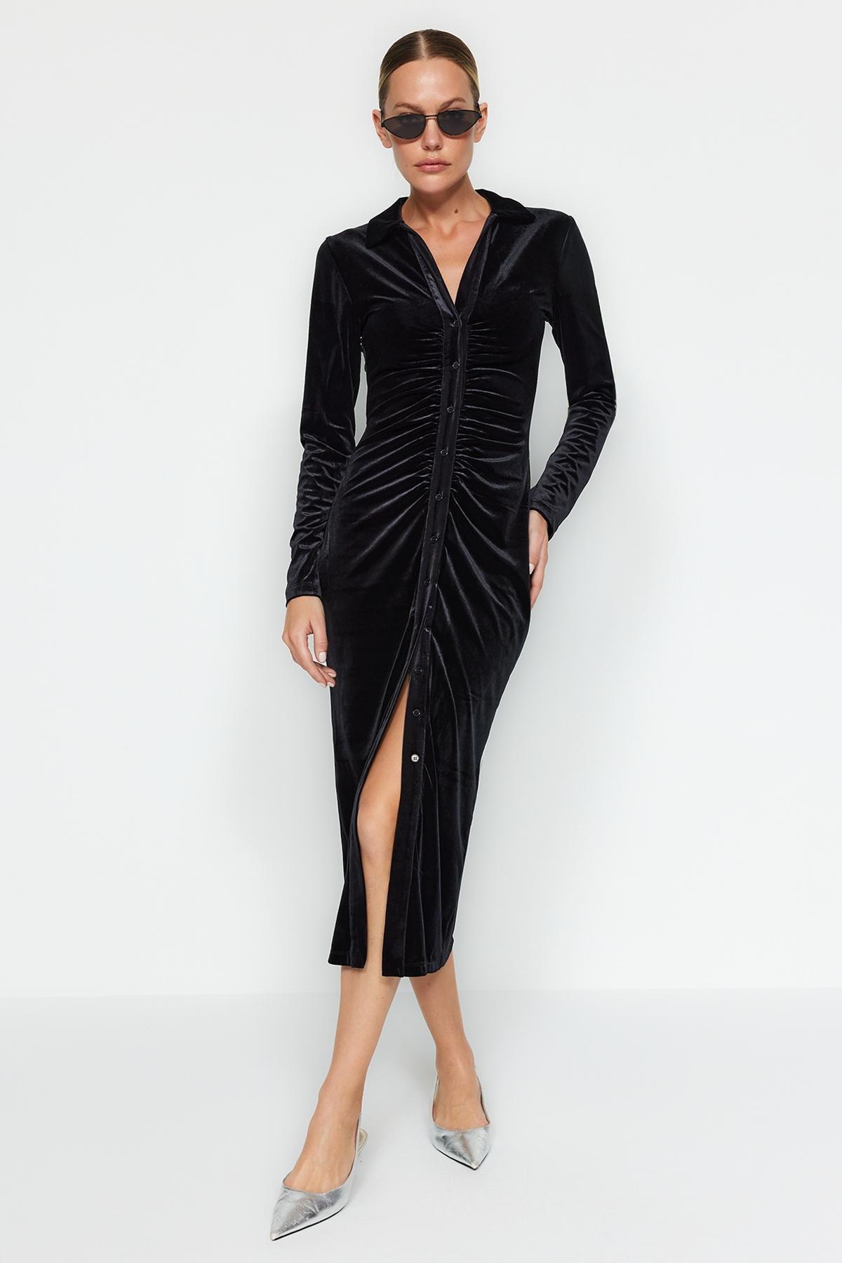 Trendyol - Black Polo Neck Velvet Midi Dress<br>