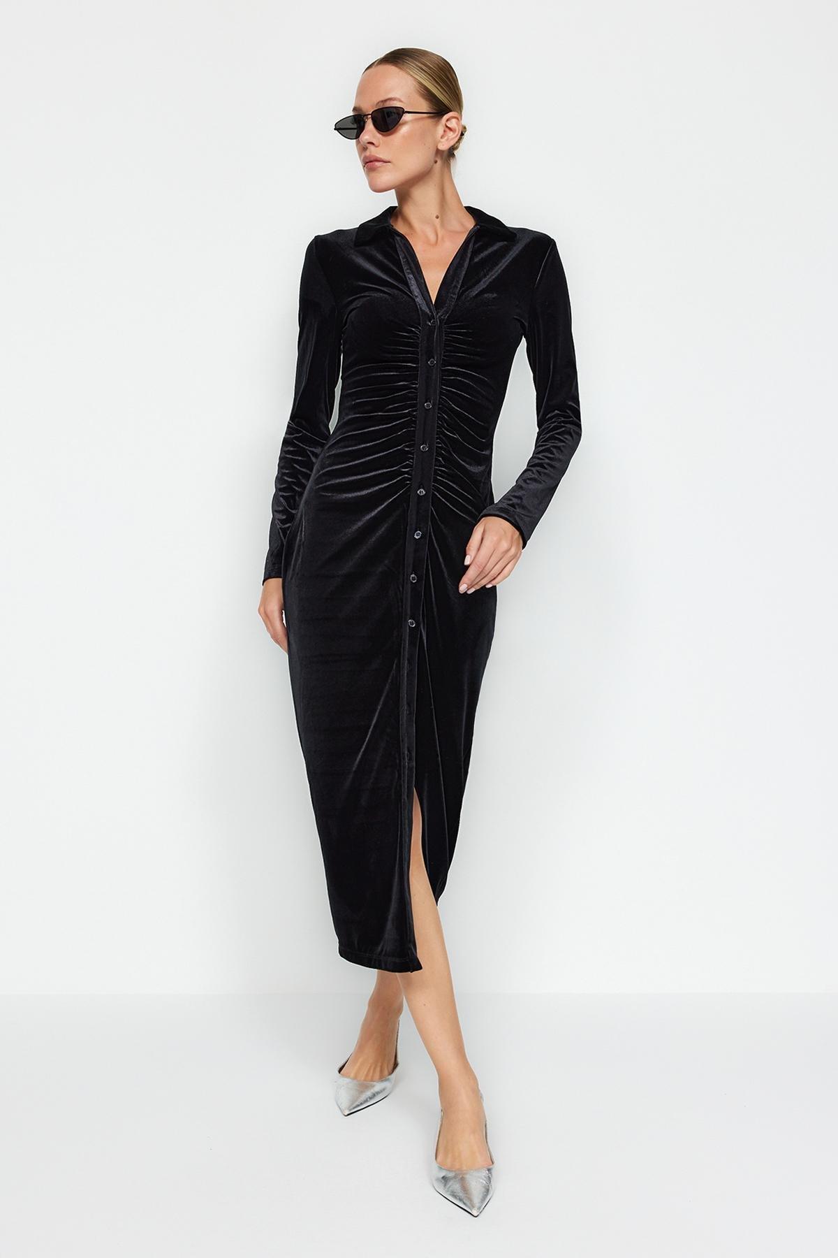 Trendyol - Black Polo Neck Velvet Midi Dress<br>