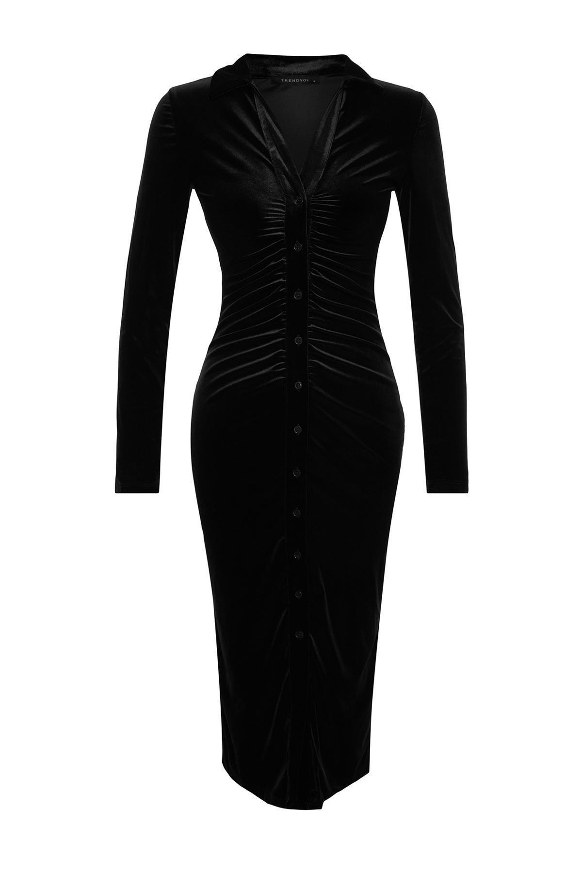 Trendyol - Black Polo Neck Velvet Midi Dress<br>