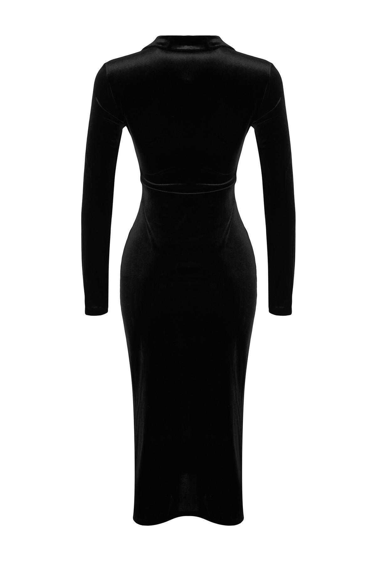 Trendyol - Black Polo Neck Velvet Midi Dress<br>