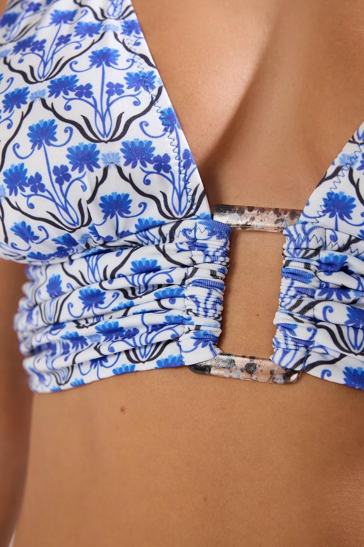 Blue Floral Patterned Bikini Top, Blue-Multicolor, large image number 2