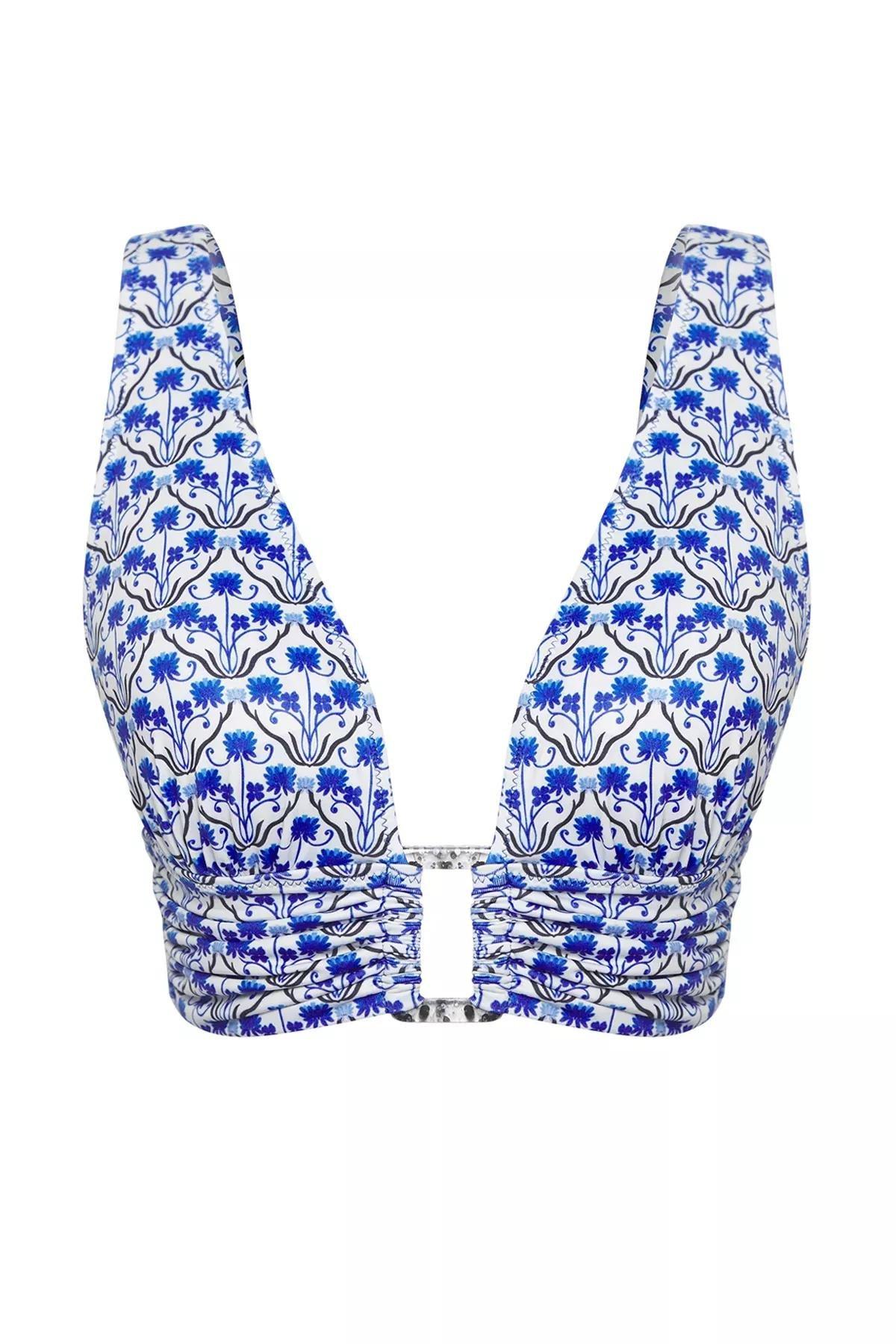 Blue Floral Patterned Bikini Top, Blue-Multicolor, large image number 4