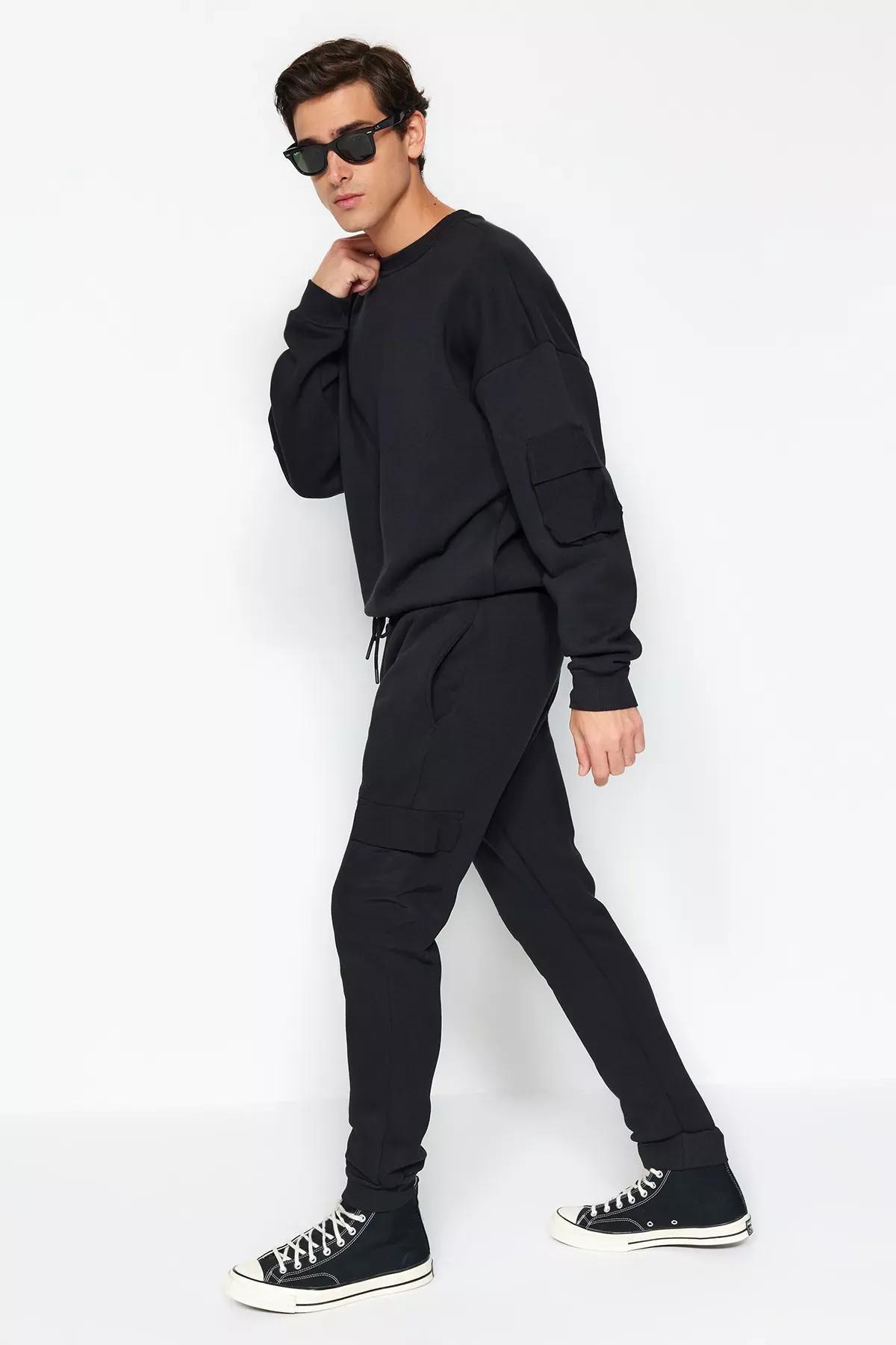 Black Sweatpants With Cargo Pocket, BLACK, large image number 1