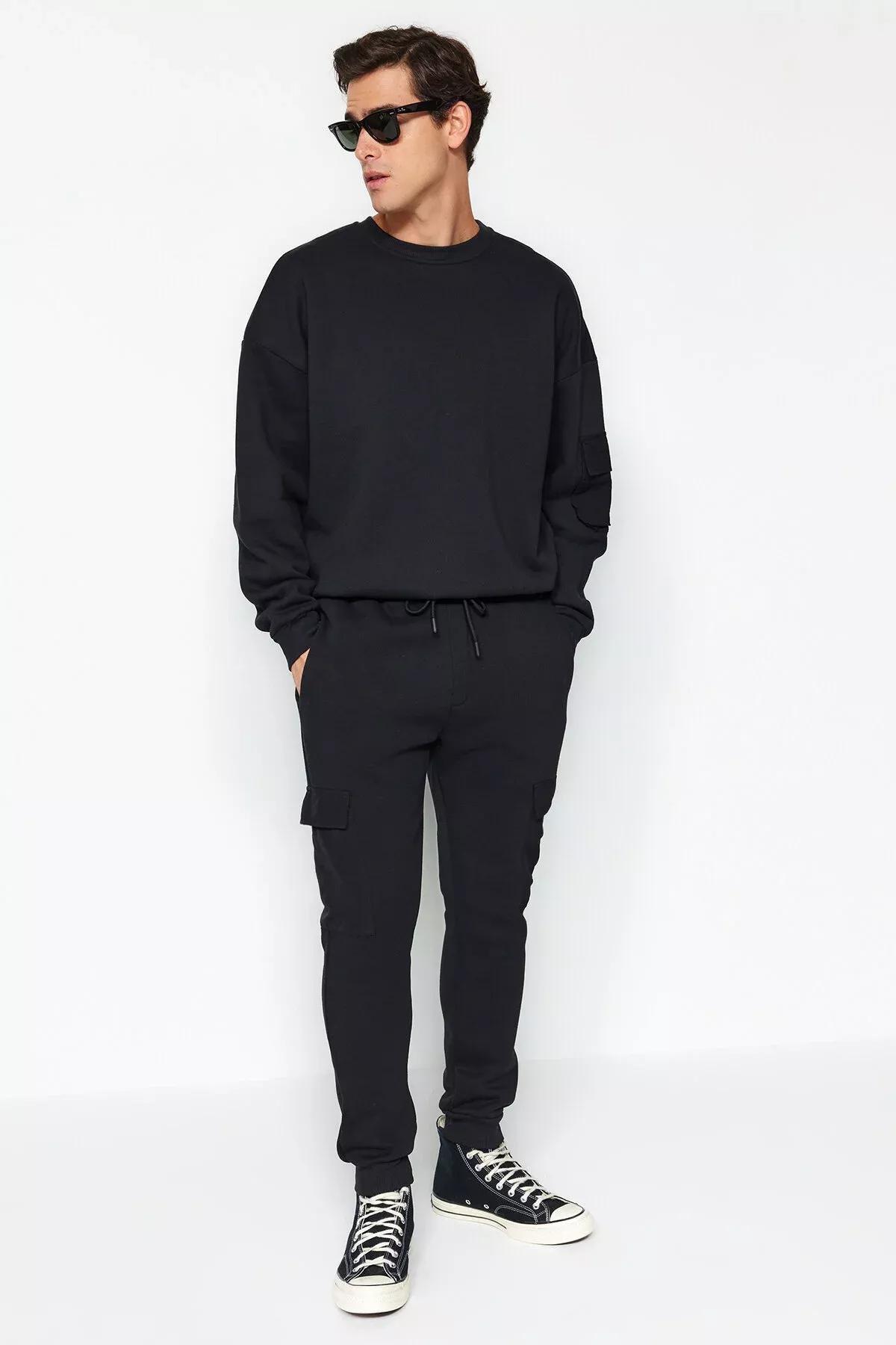 Black Sweatpants With Cargo Pocket, BLACK, large image number 2
