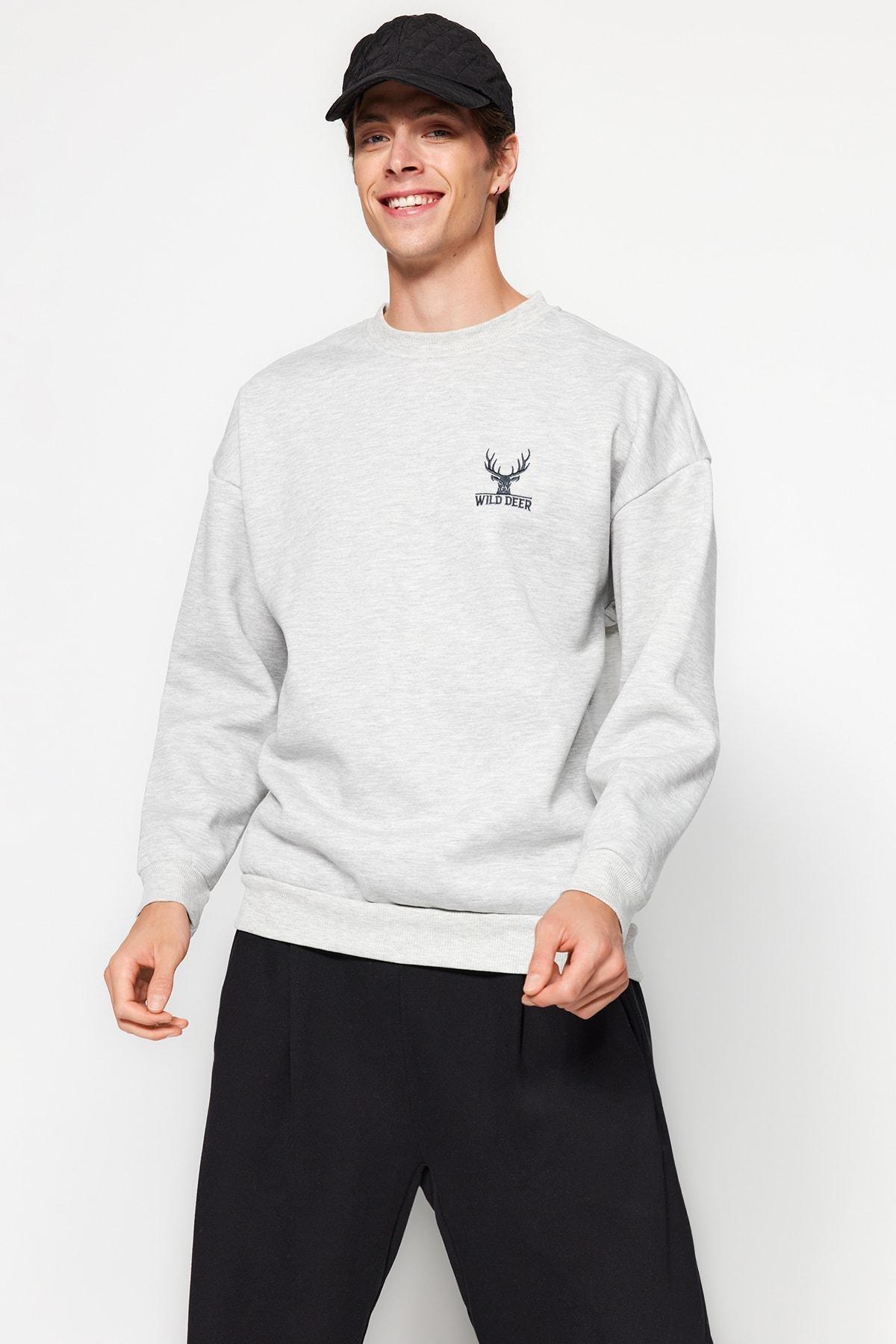 Grey Crew Neck Long-Sleeve Embroidered Sweatshirt, , large image number 0