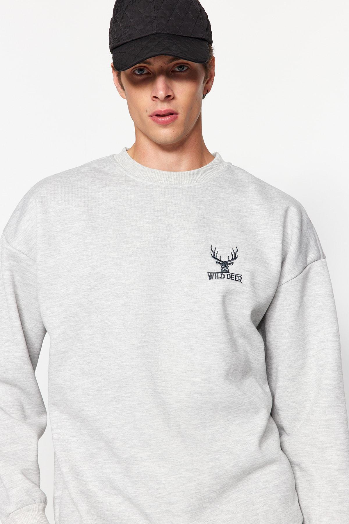 Grey Crew Neck Long-Sleeve Embroidered Sweatshirt, , large image number 1