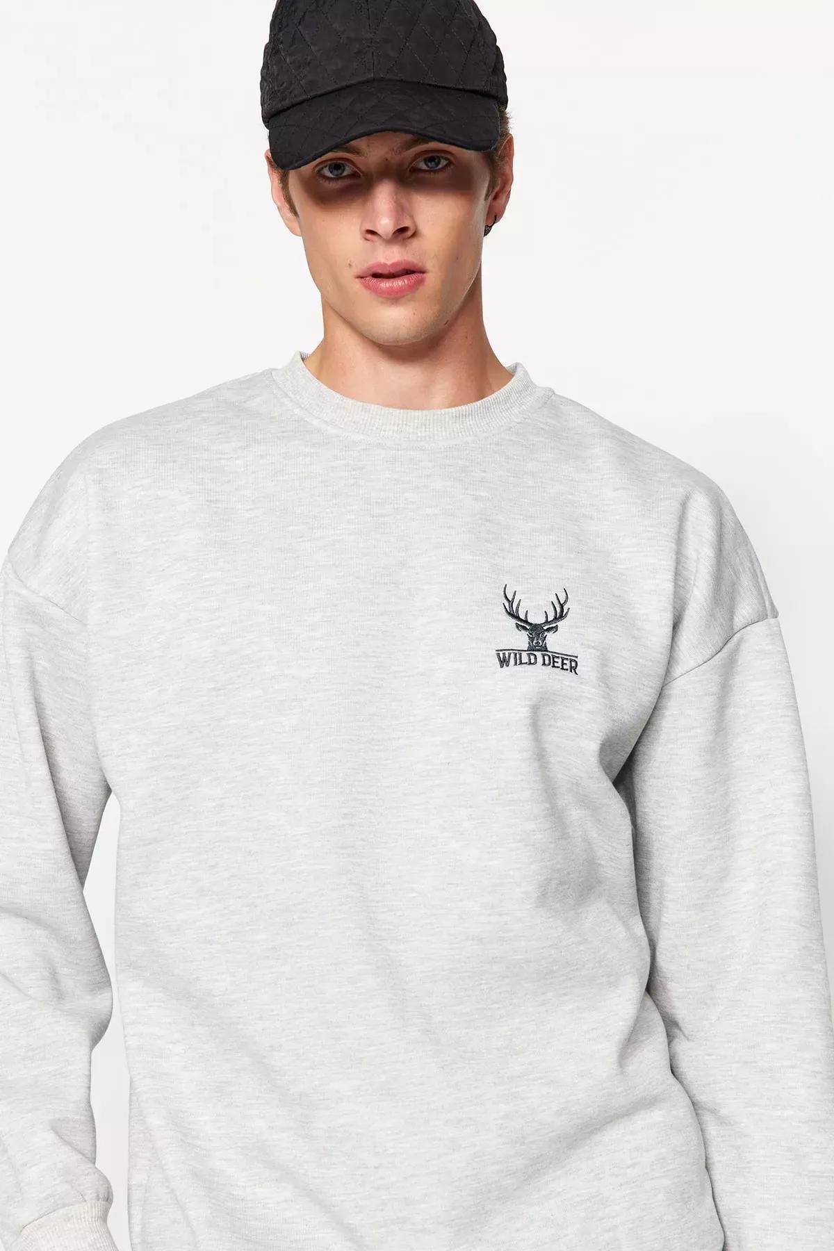 Grey Crew Neck Long-Sleeve Embroidered Sweatshirt, GRAY MELANGE, medium