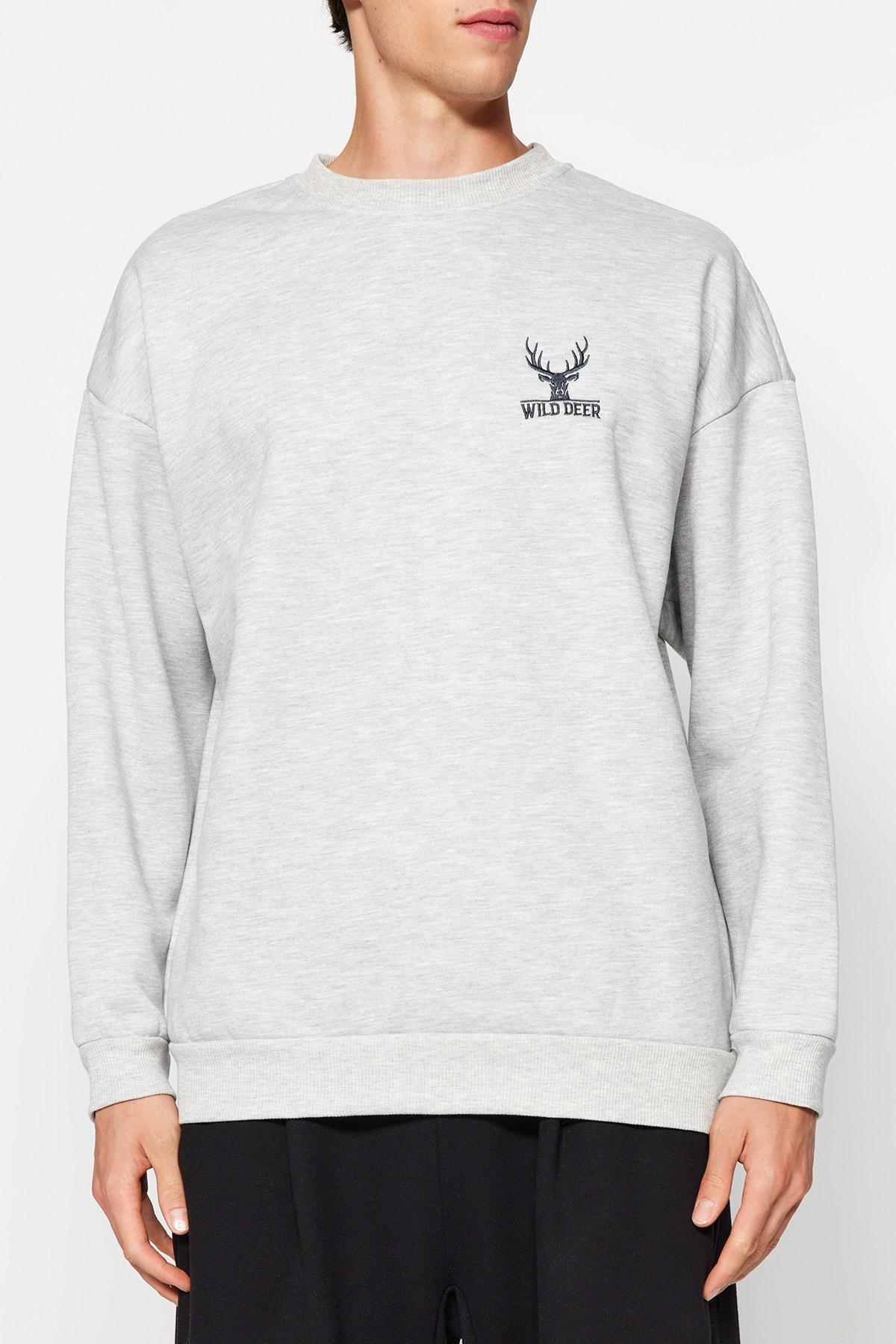 Grey Crew Neck Long-Sleeve Embroidered Sweatshirt, , large image number 2
