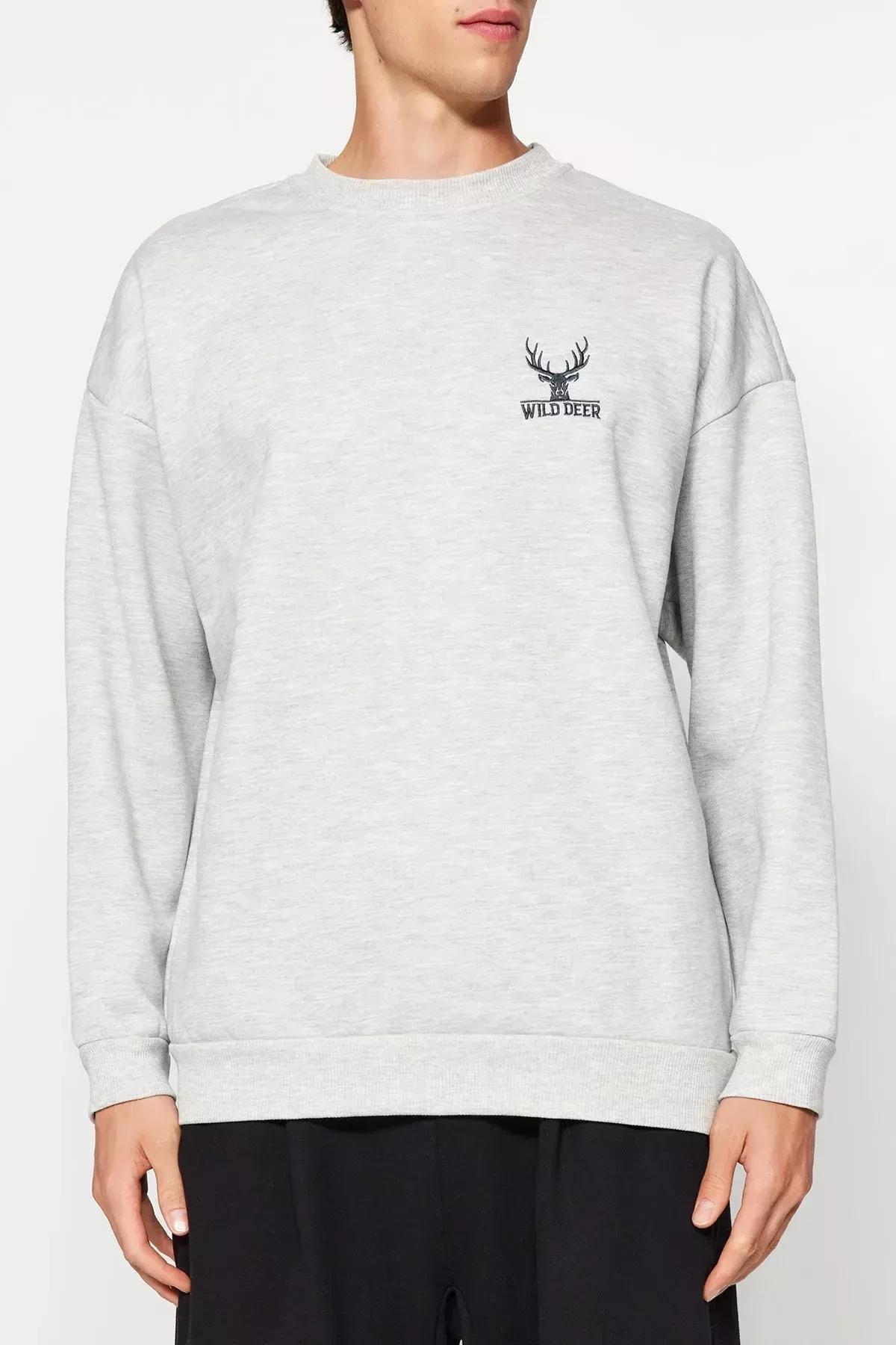 Grey Crew Neck Long-Sleeve Embroidered Sweatshirt, GRAY MELANGE, medium
