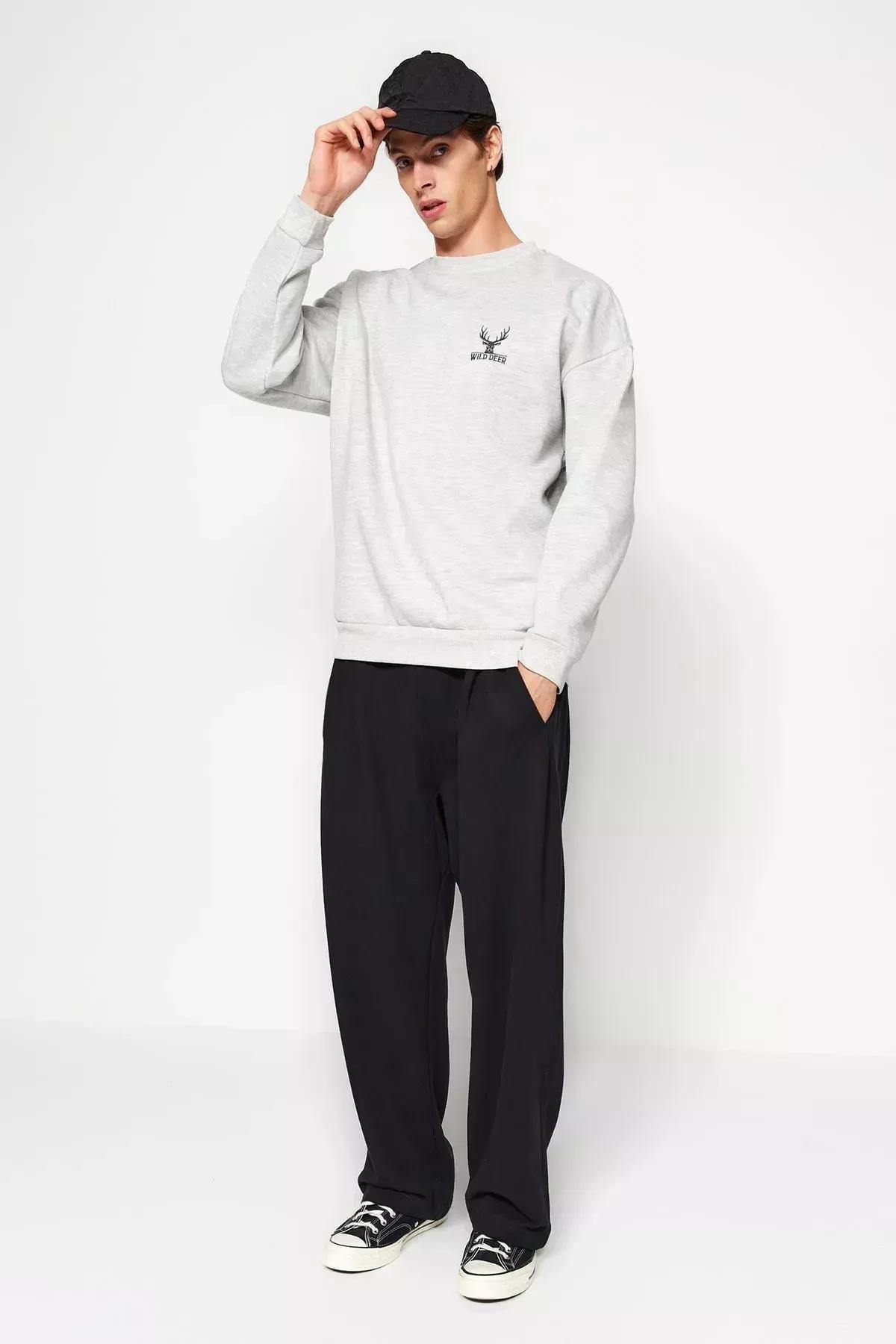 Grey Crew Neck Long-Sleeve Embroidered Sweatshirt, GRAY MELANGE, large image number 3