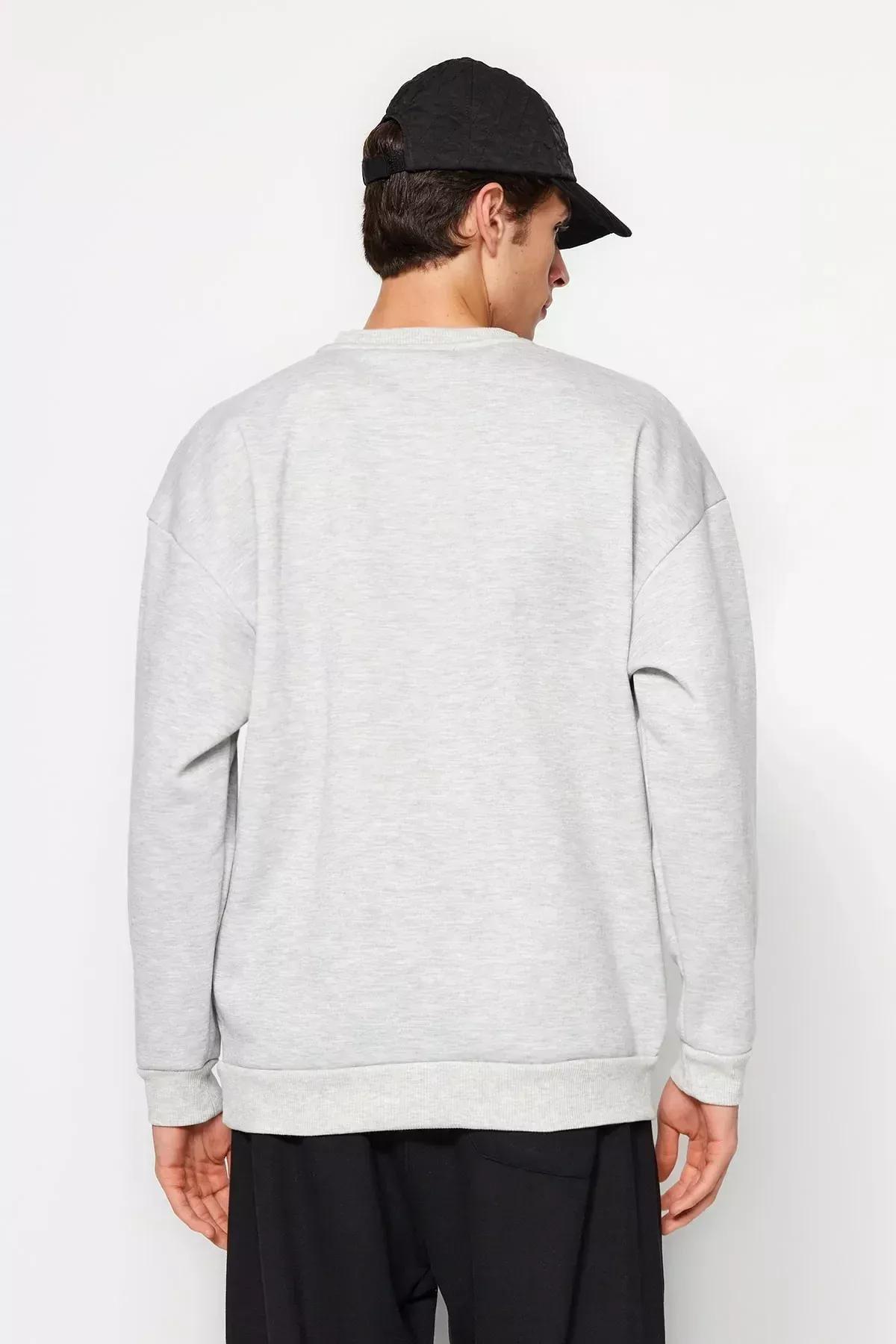 Grey Crew Neck Long-Sleeve Embroidered Sweatshirt, GRAY MELANGE, large image number 5