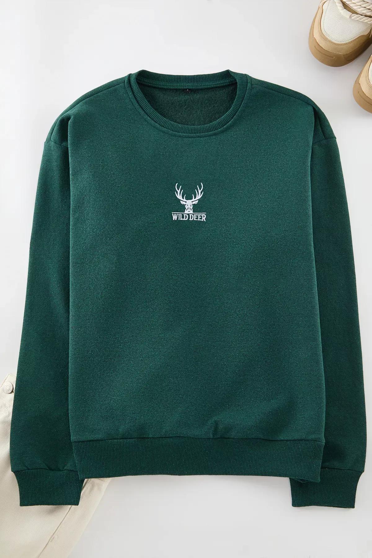 Green Embroidered Crew Neck Sweatshirt, Green, medium