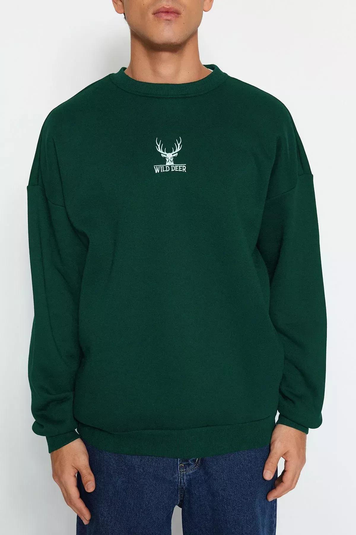 Green Embroidered Crew Neck Sweatshirt, Green, large image number 3