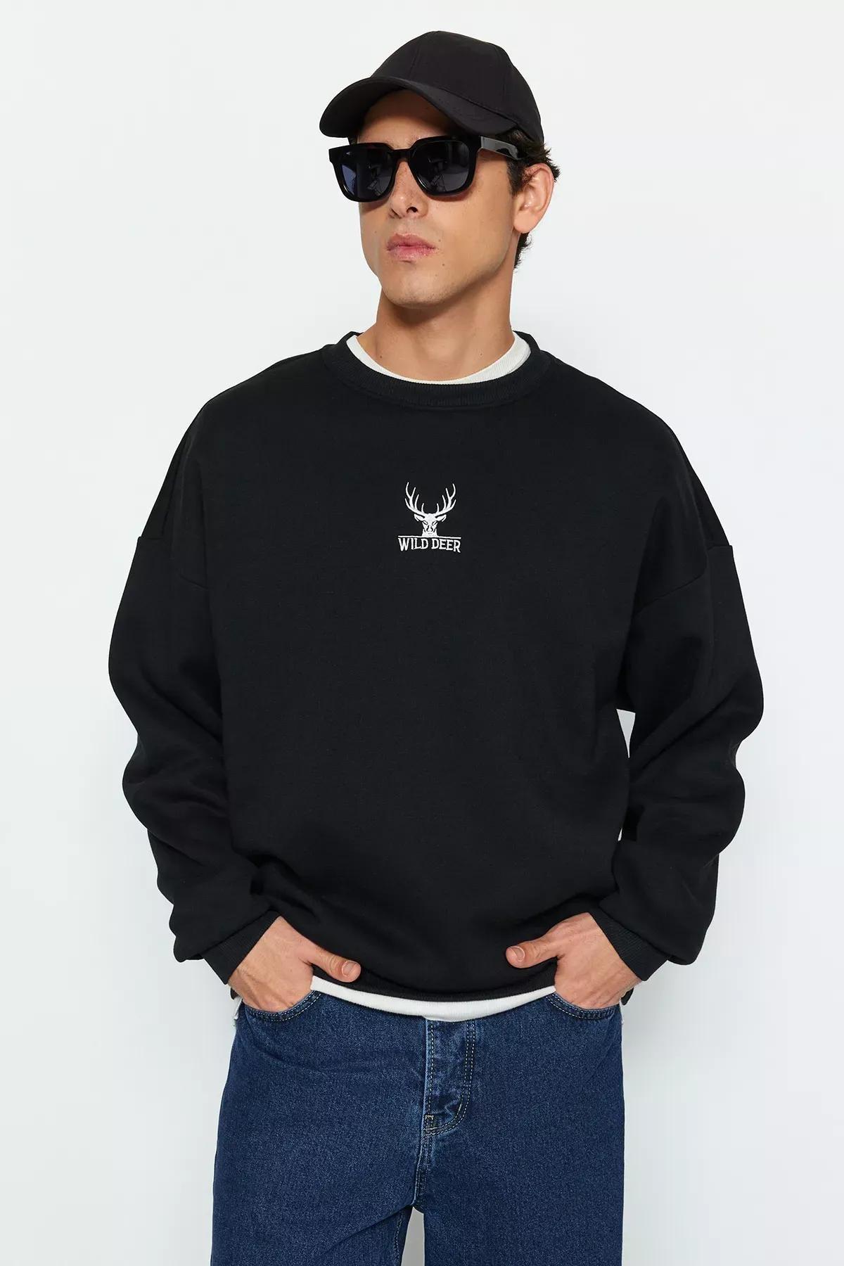 Black Animal Print Oversize Long Sleeve Sweatshirt, , large image number 0