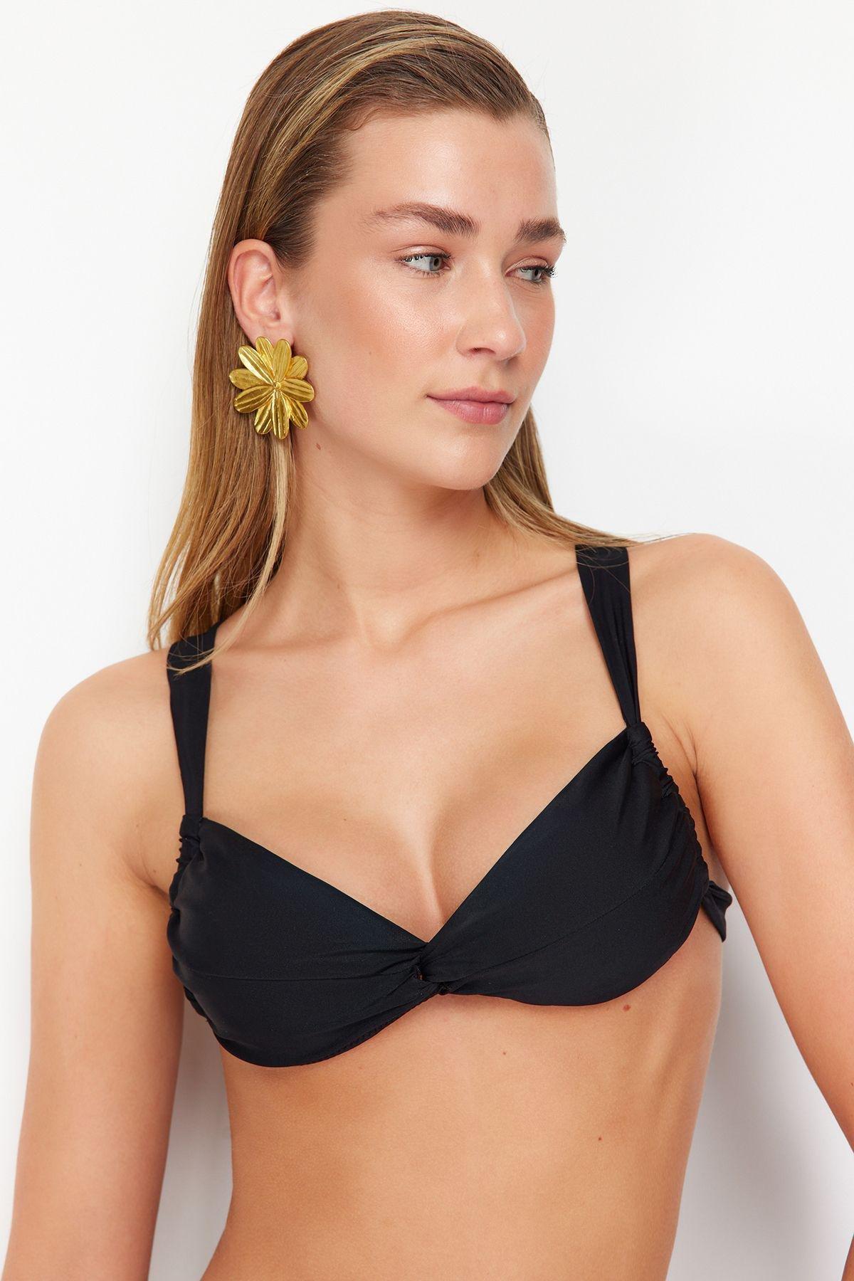 Black Bralette Knotted Bikini Top TBESS24BU00027, single, , medium