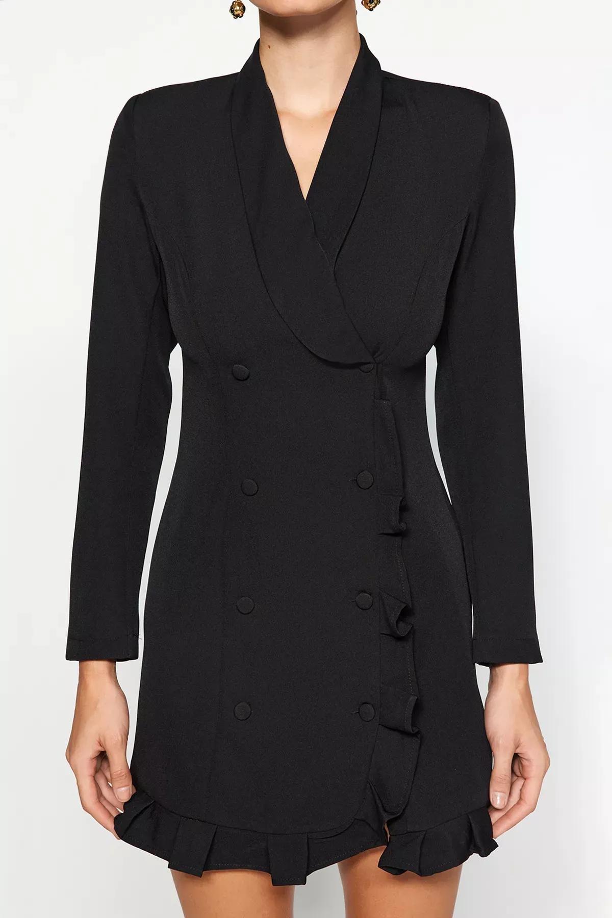 Black Woven Jacket Frilled Skirt, BLACK, large image number 3
