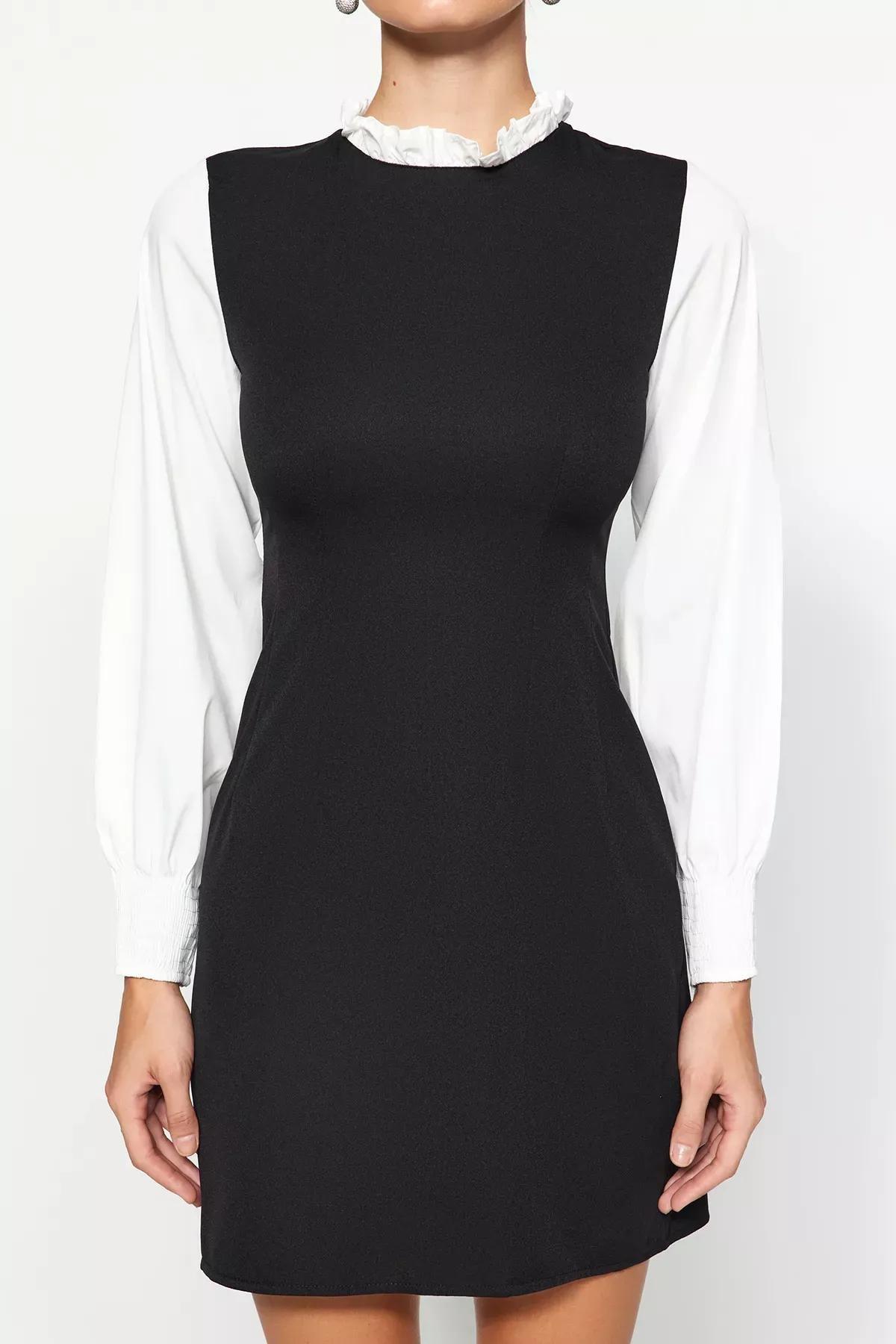 Black A-Line Detailed Mini Woven Dress, BLACK, large image number 3