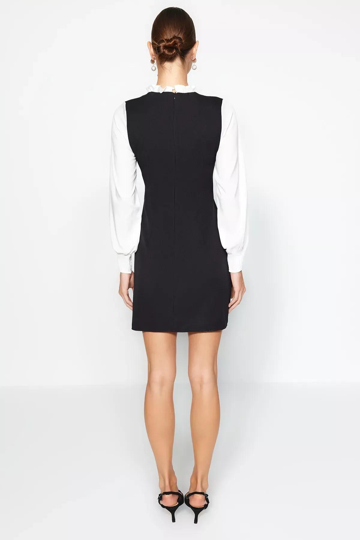 Black A-Line Detailed Mini Woven Dress, BLACK, large image number 5