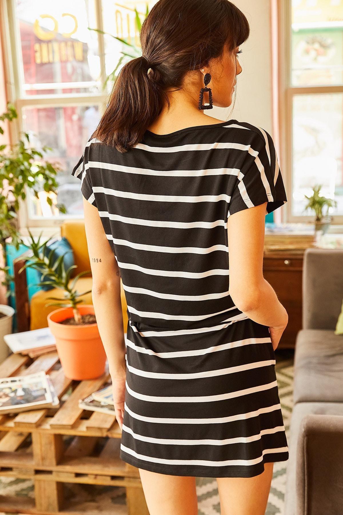 Olalook - Black Striped Lace-Up Waist Dress