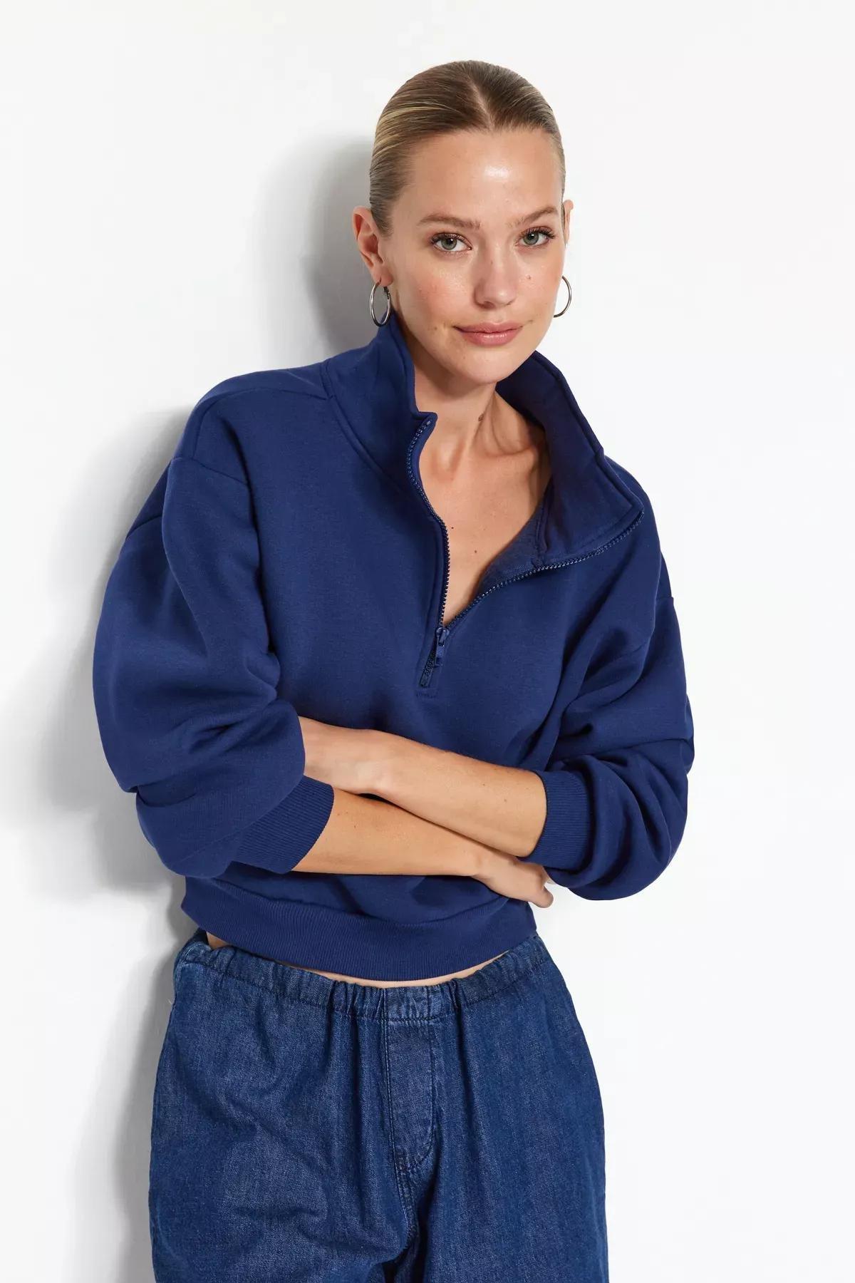 Navy Zippered Collar Knitted Sweatshirt, , large image number 0