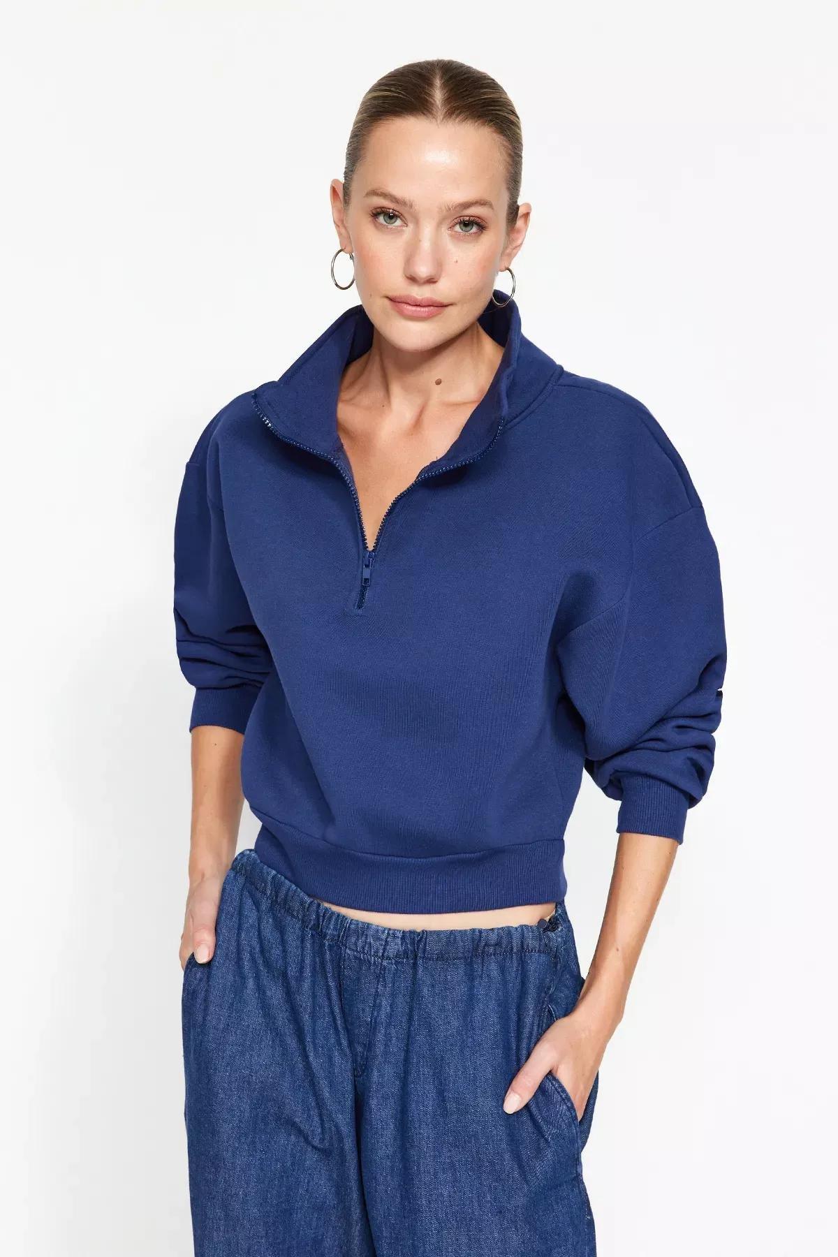 Navy Zippered Collar Knitted Sweatshirt, , large image number 1
