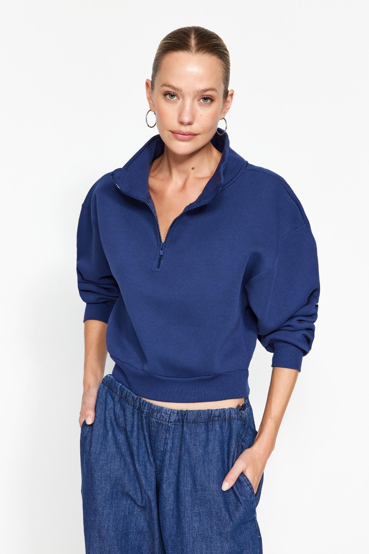 Navy Zippered Collar Knitted Sweatshirt, , large image number 1