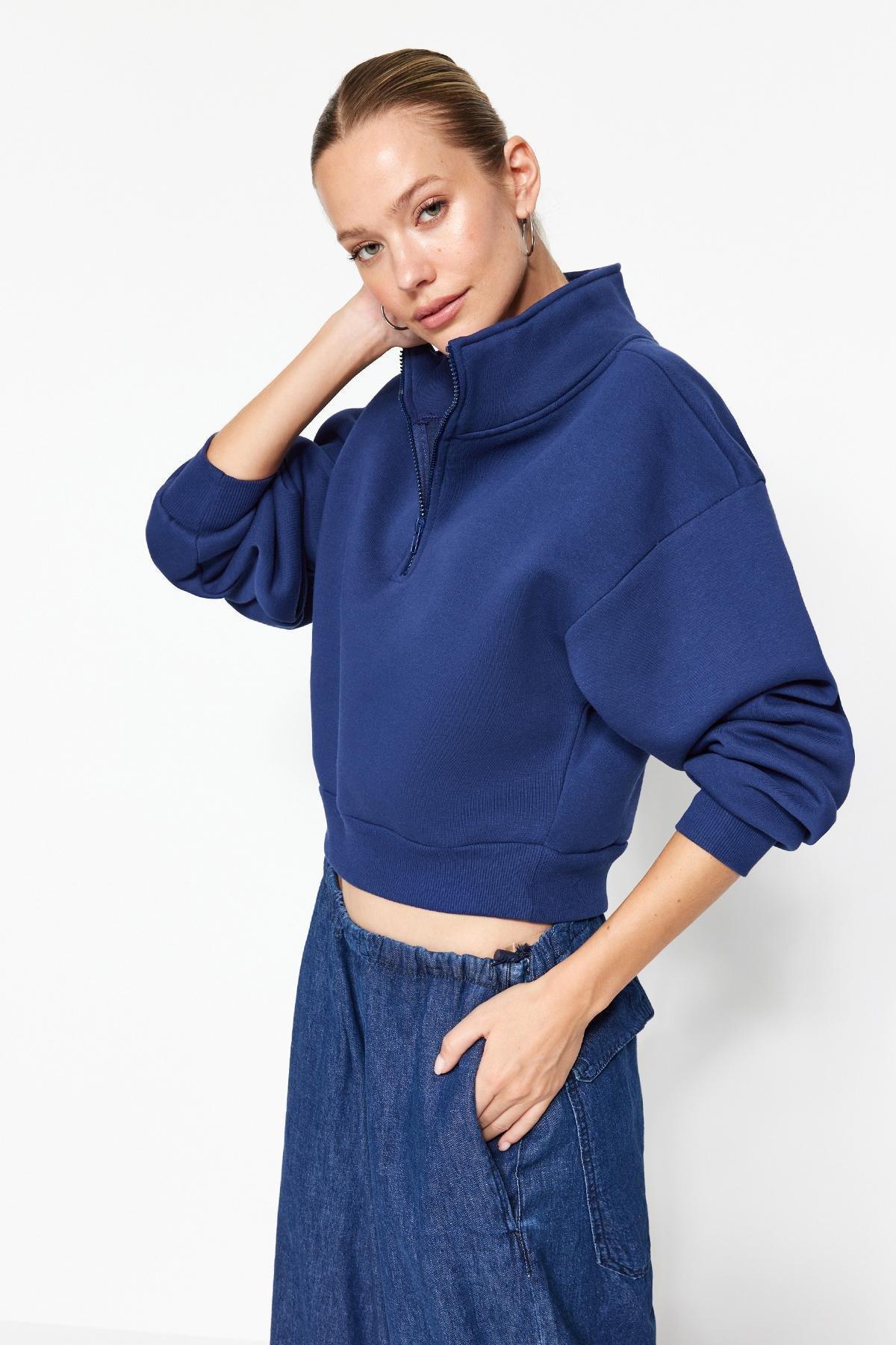 Trendyol - Navy Zippered Collar Knitted Sweatshirt