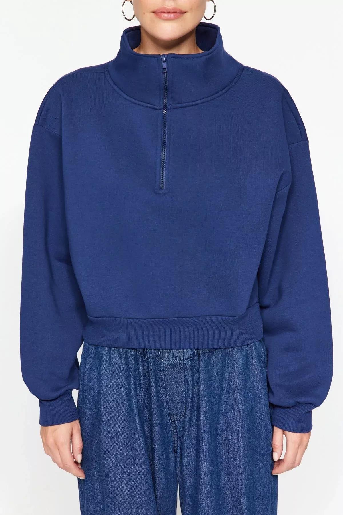 Navy Zippered Collar Knitted Sweatshirt, , large image number 3