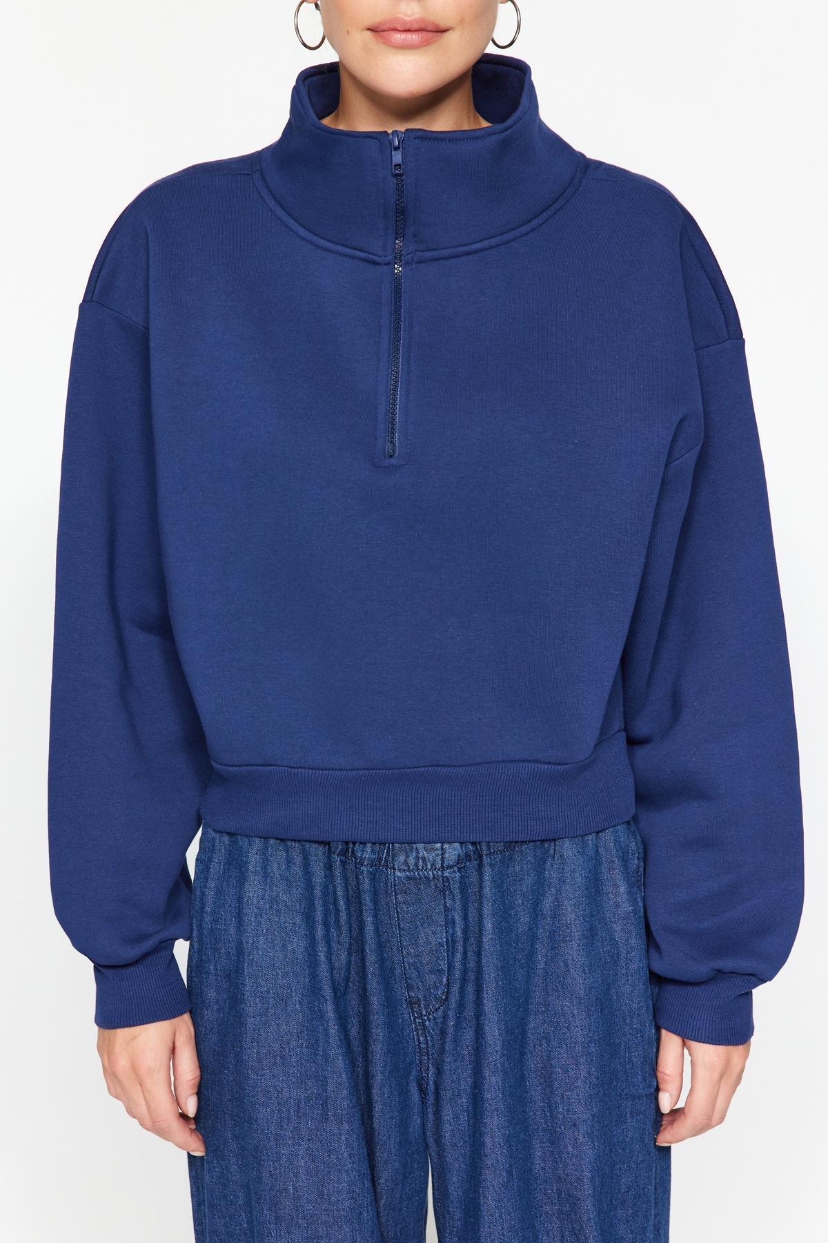 Trendyol - Navy Zippered Collar Knitted Sweatshirt