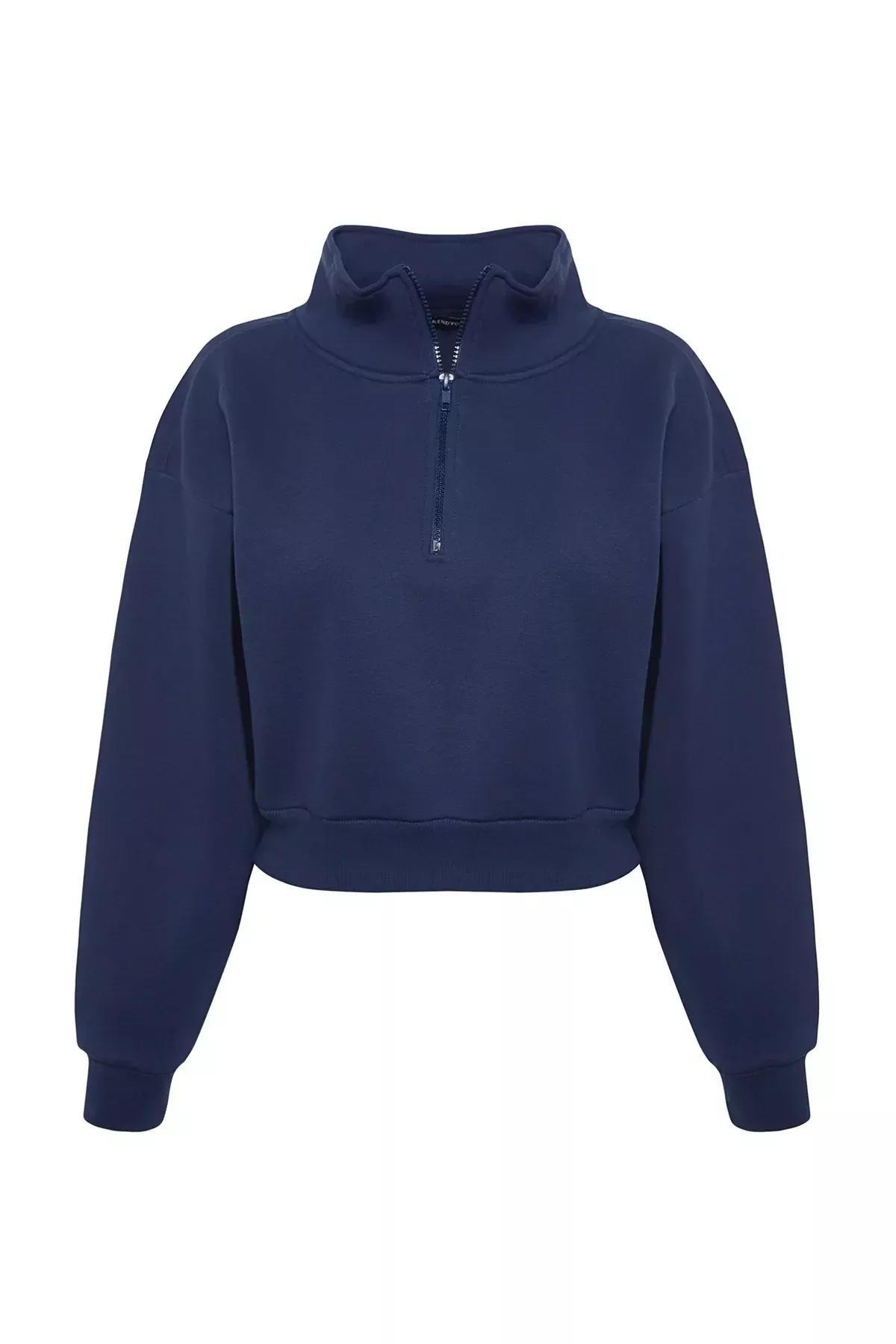 Navy Zippered Collar Knitted Sweatshirt, , large image number 5