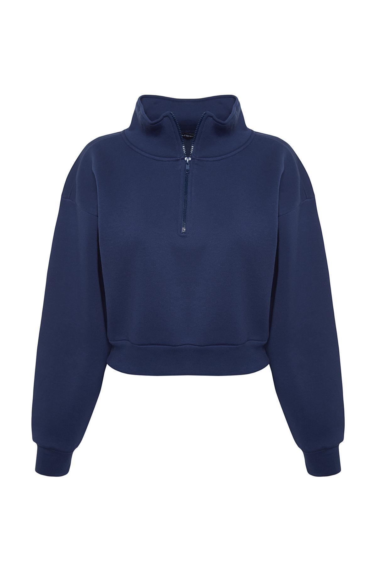 Navy Zippered Collar Knitted Sweatshirt, , large image number 5