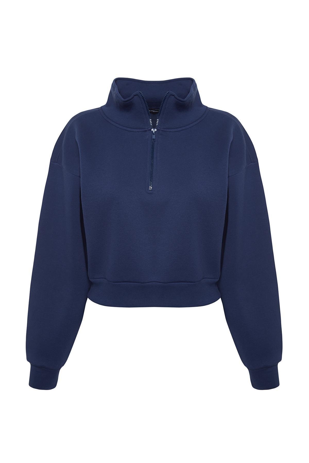 Trendyol - Navy Zippered Collar Knitted Sweatshirt