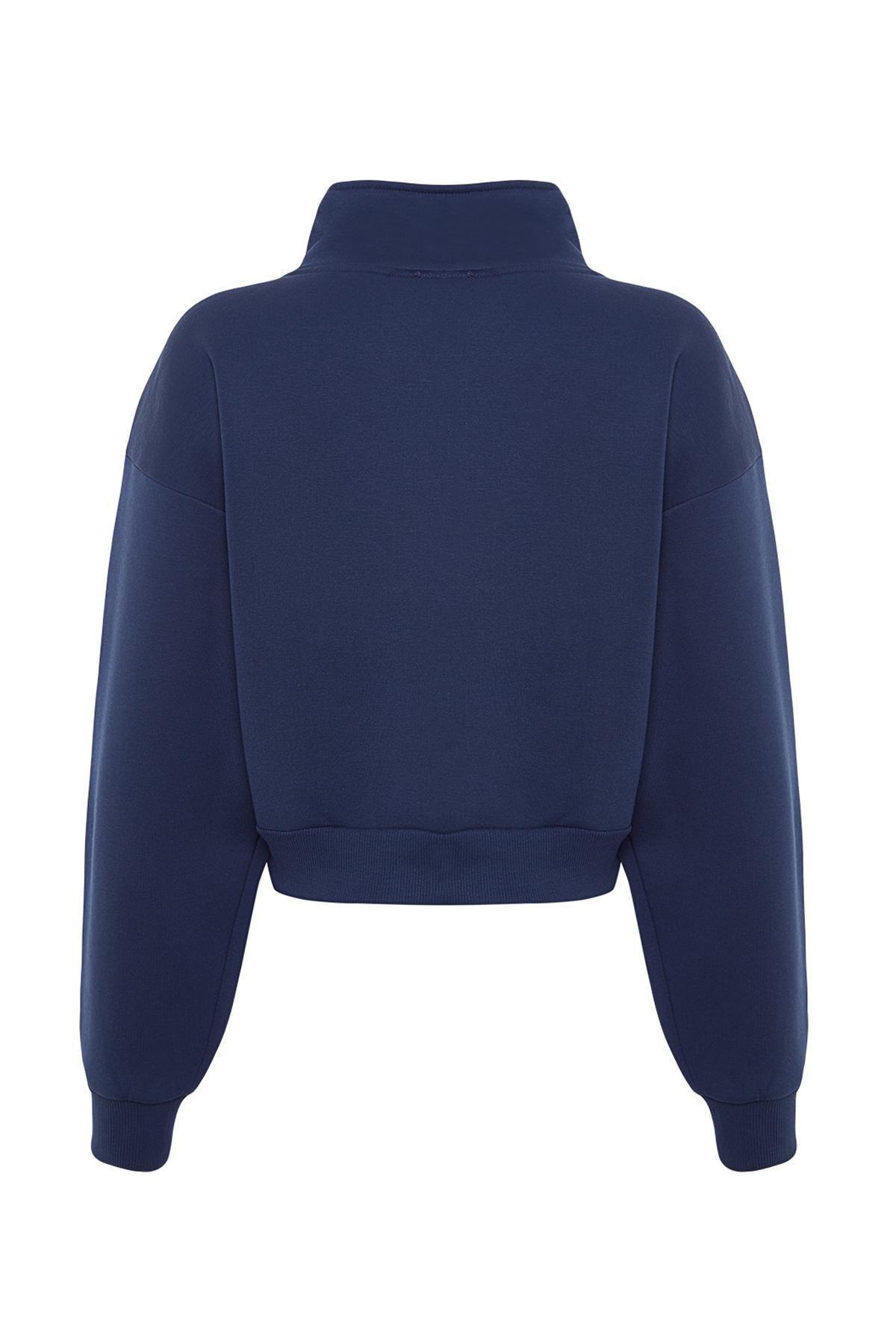 Trendyol - Navy Zippered Collar Knitted Sweatshirt