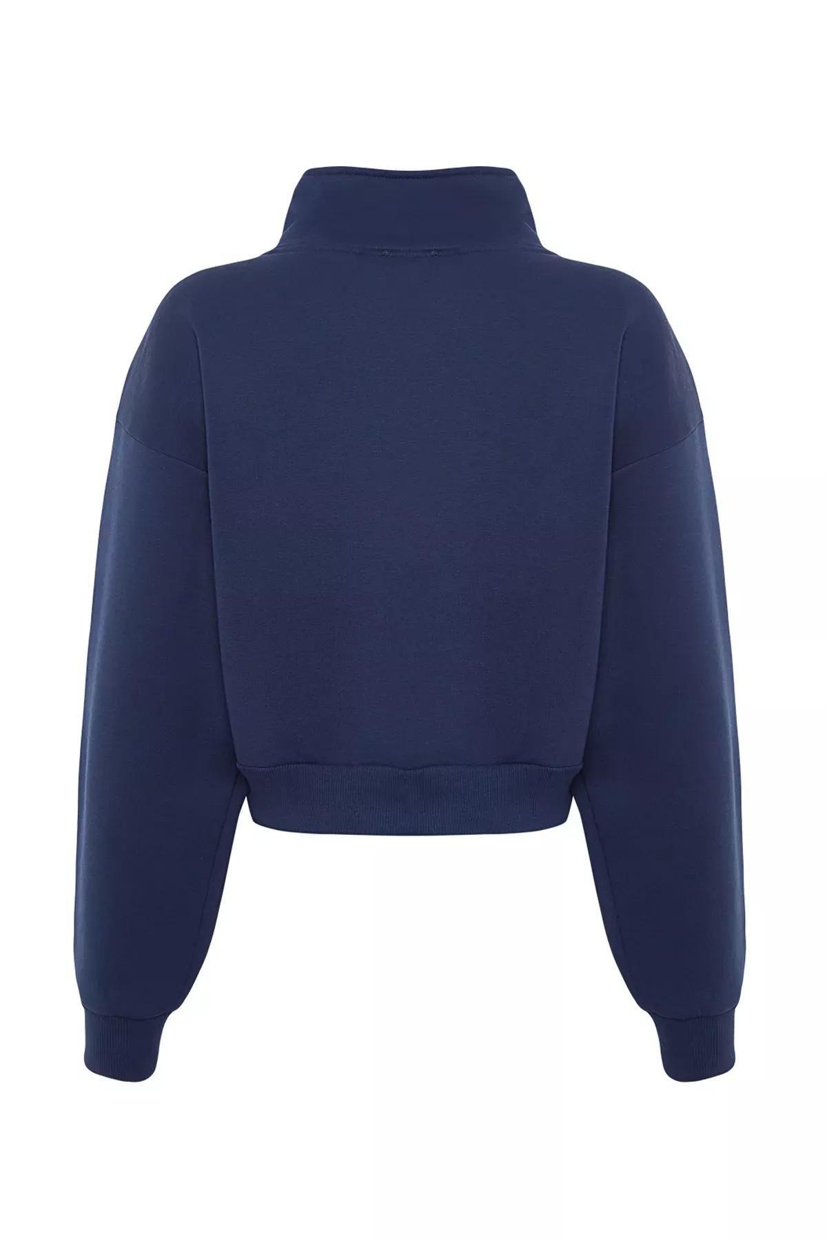 Navy Zippered Collar Knitted Sweatshirt, , large image number 7