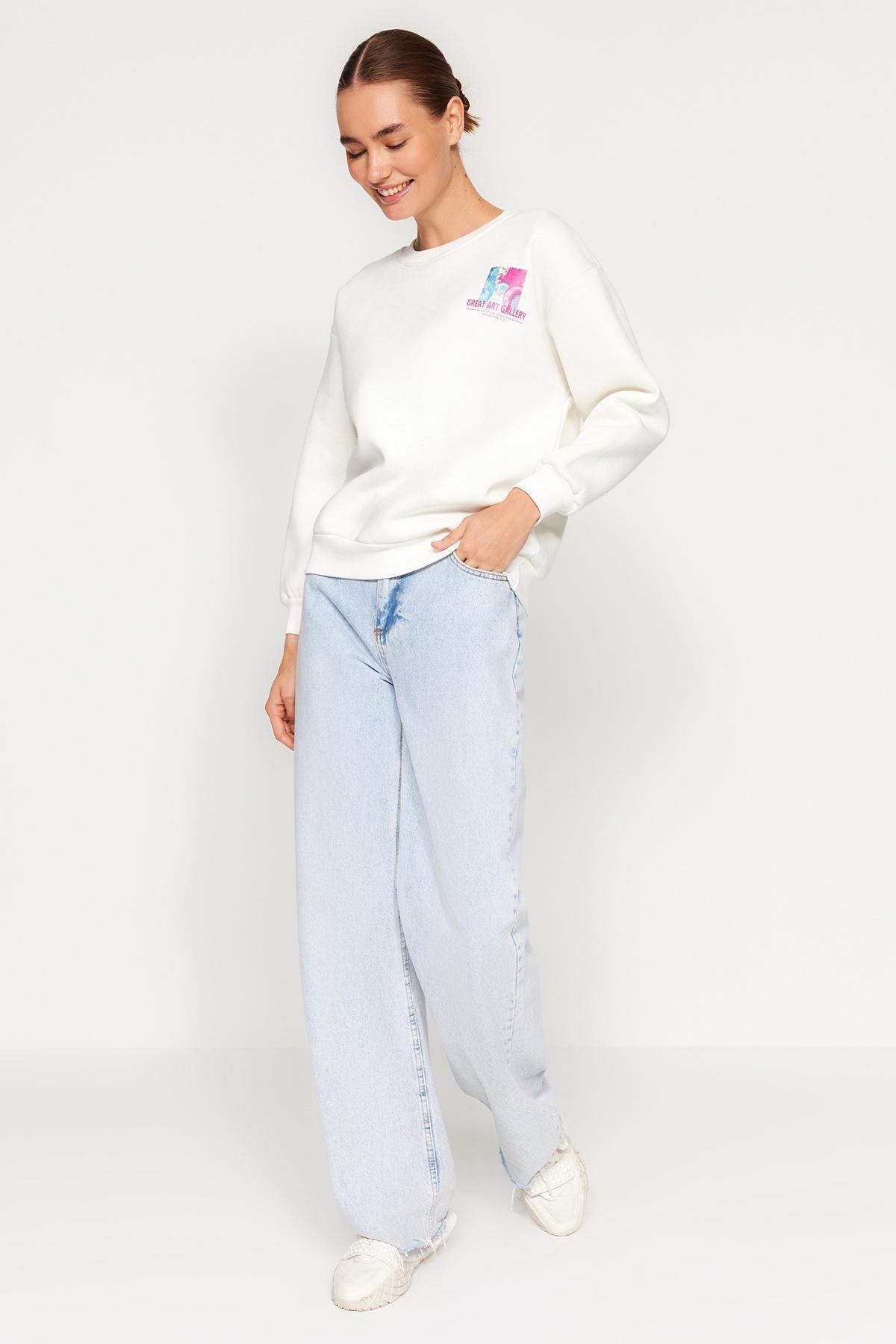 Trendyol - White Printed Knitted Sweatshirt