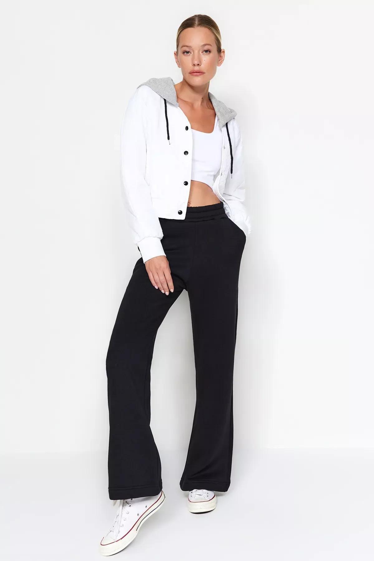 بنطال رياضي بقصة ساق عريضة مُحاك من الداخل، أسود, BLACK, large image number 1