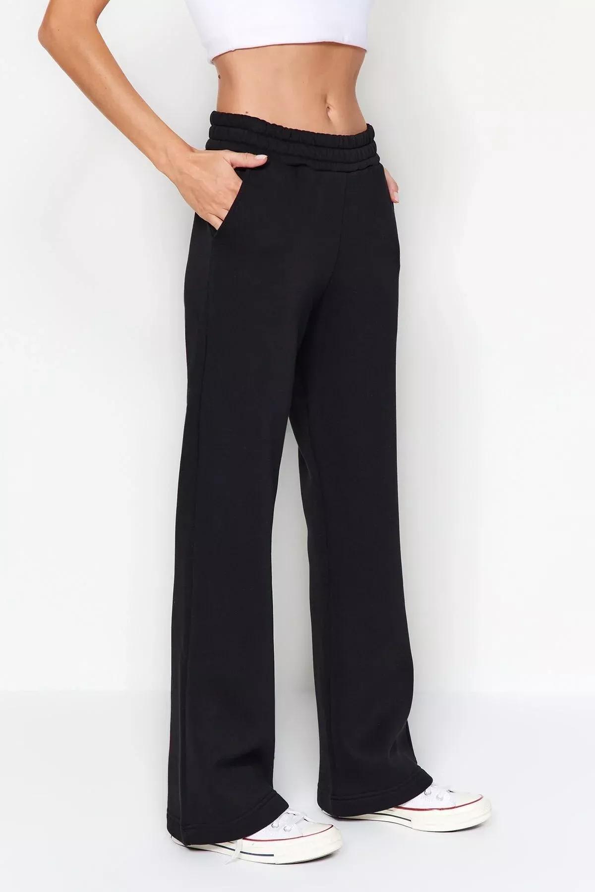 بنطال رياضي بقصة ساق عريضة مُحاك من الداخل، أسود, BLACK, large image number 3