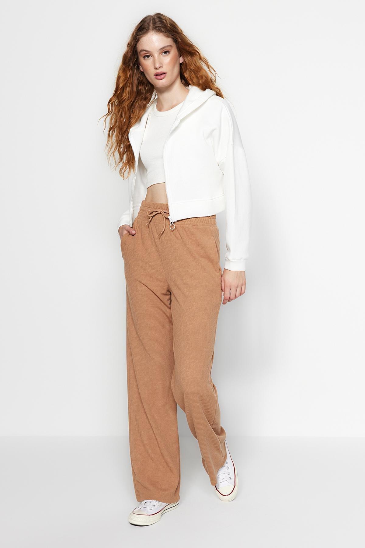 Trendyol - Brown Wide Leg High Waist Knitted Sweatpants