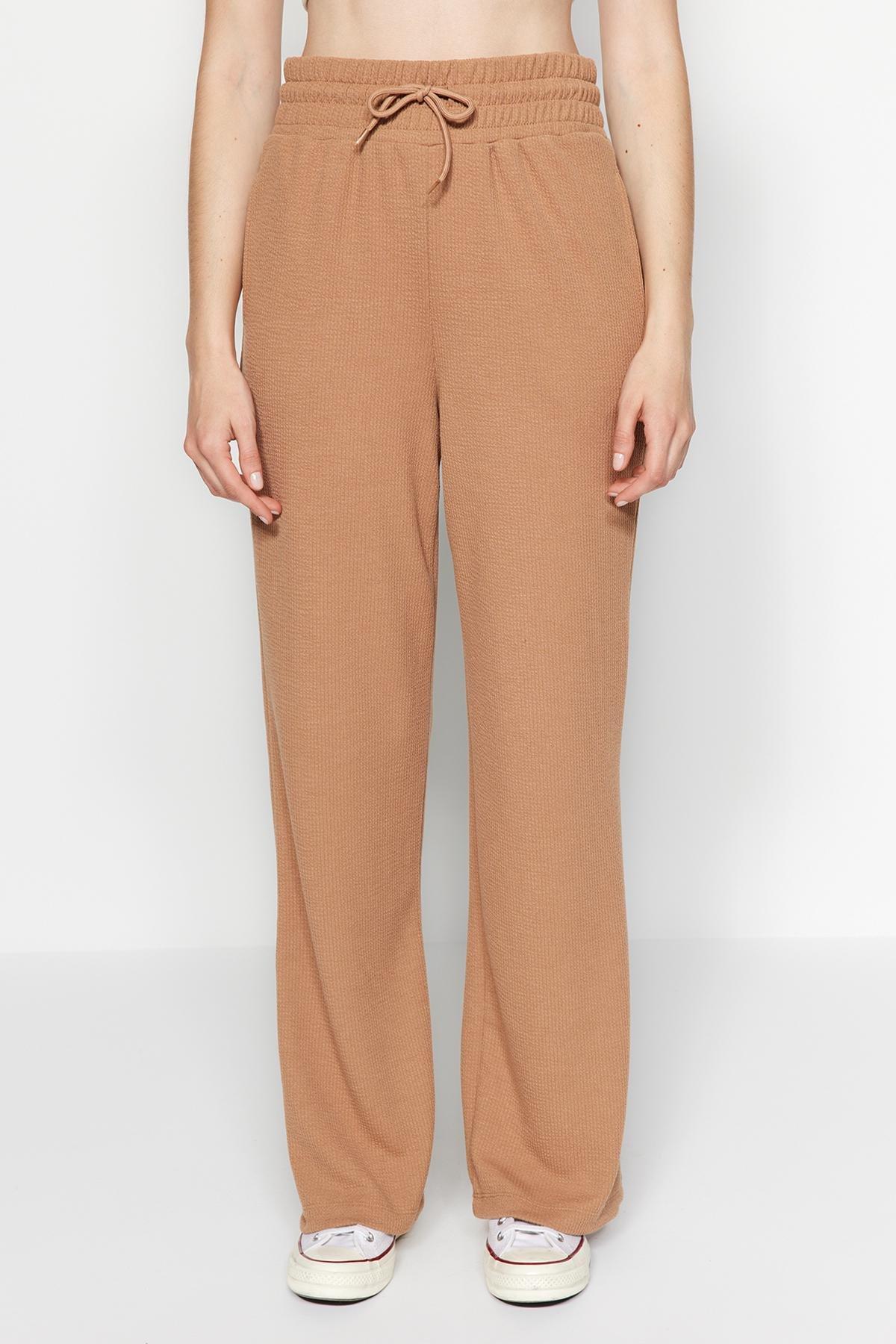 Trendyol - Brown Wide Leg High Waist Knitted Sweatpants
