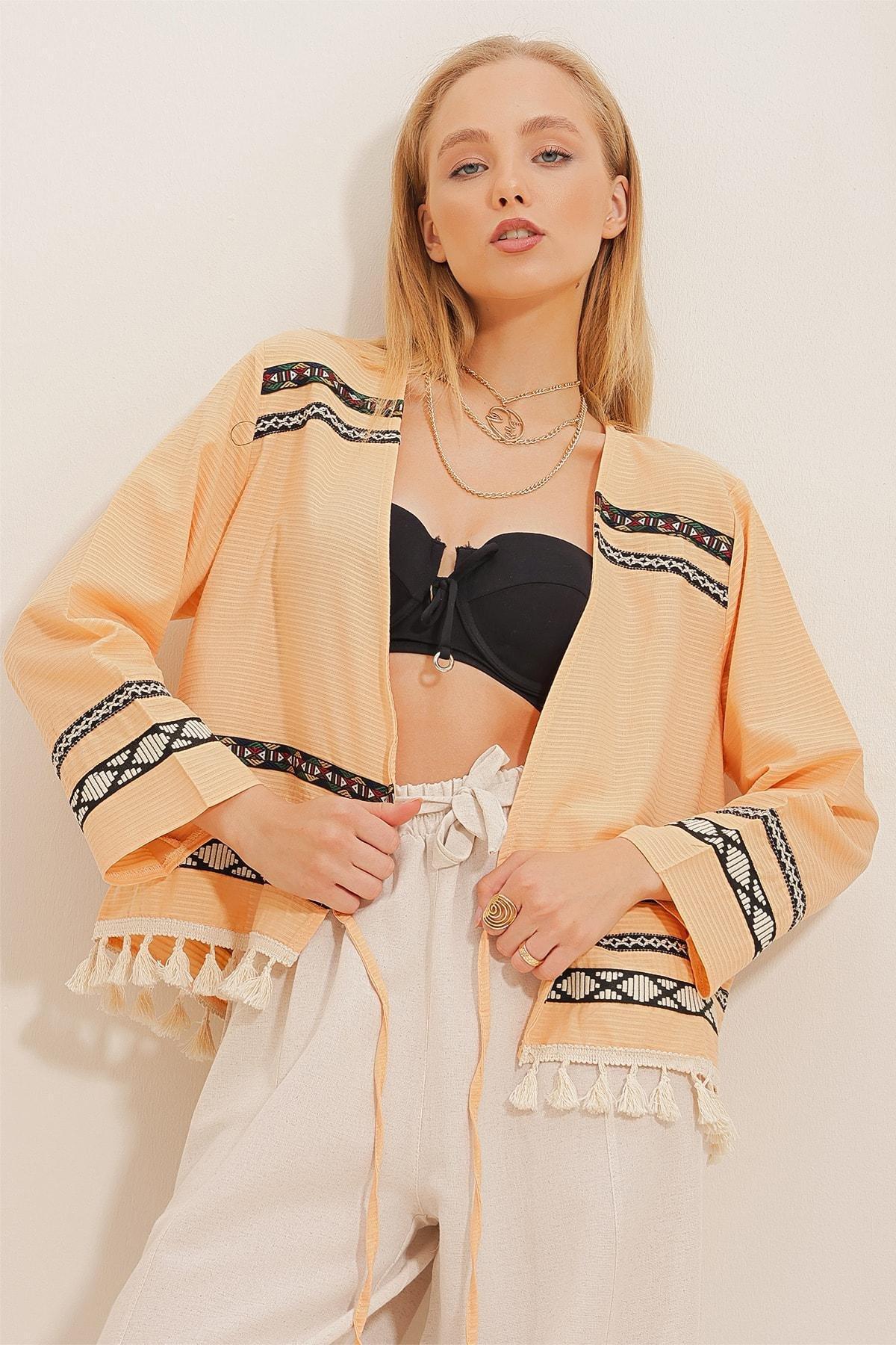 Apricot Tasseled Kimono Jacket, , large image number 0