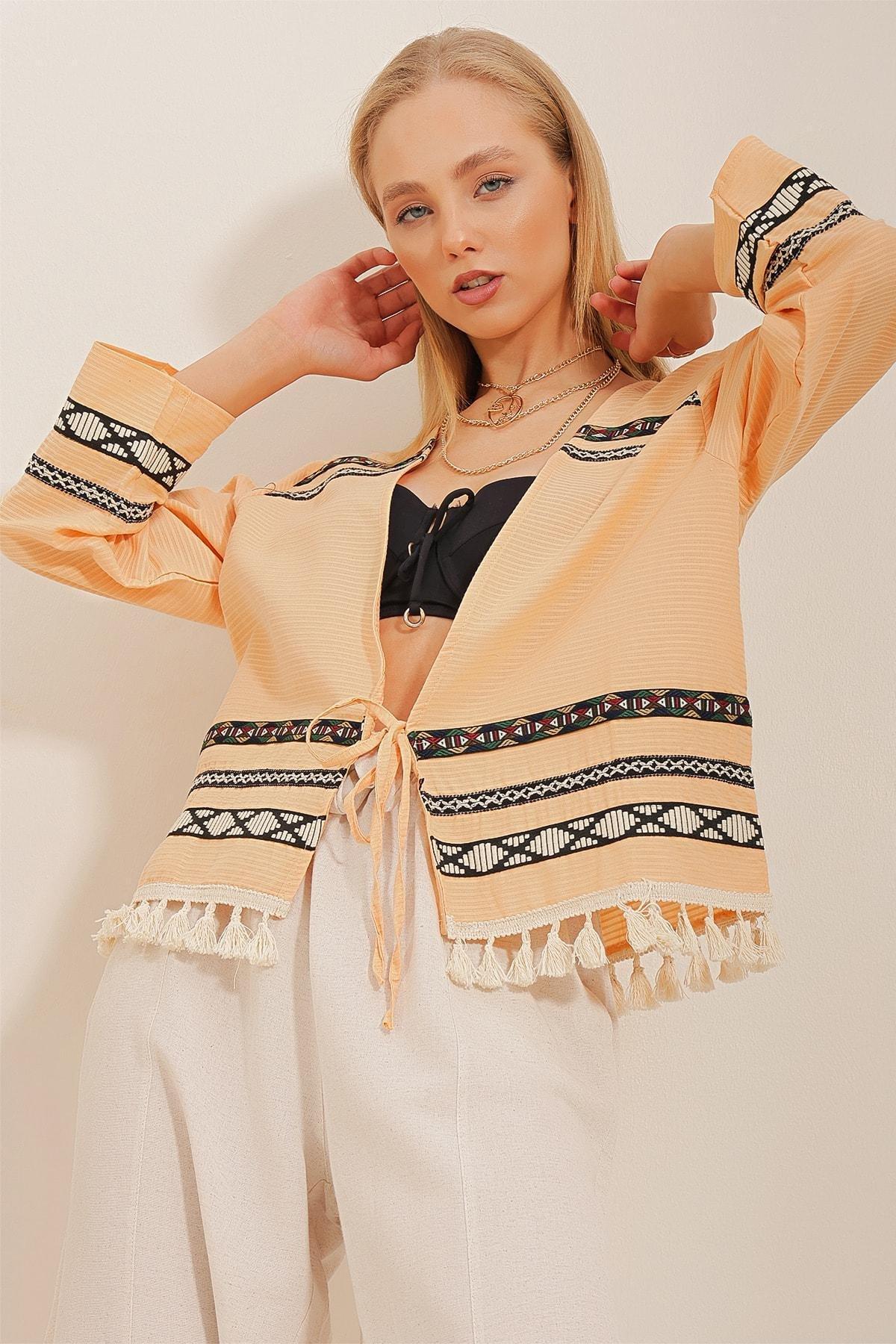 Apricot Tasseled Kimono Jacket, , large image number 1