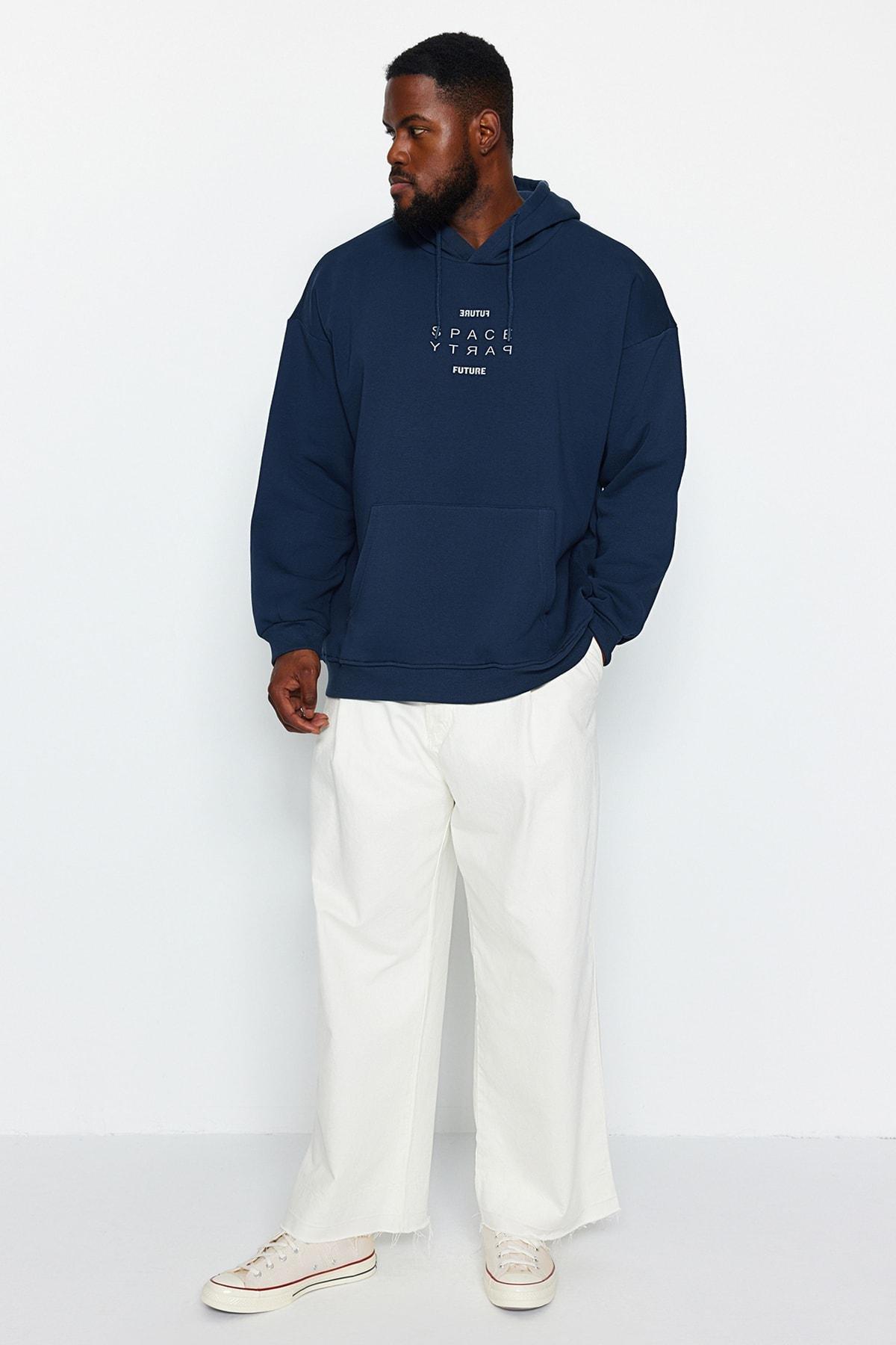 Trendyol - Navy Oversize Printed Sweatshirt