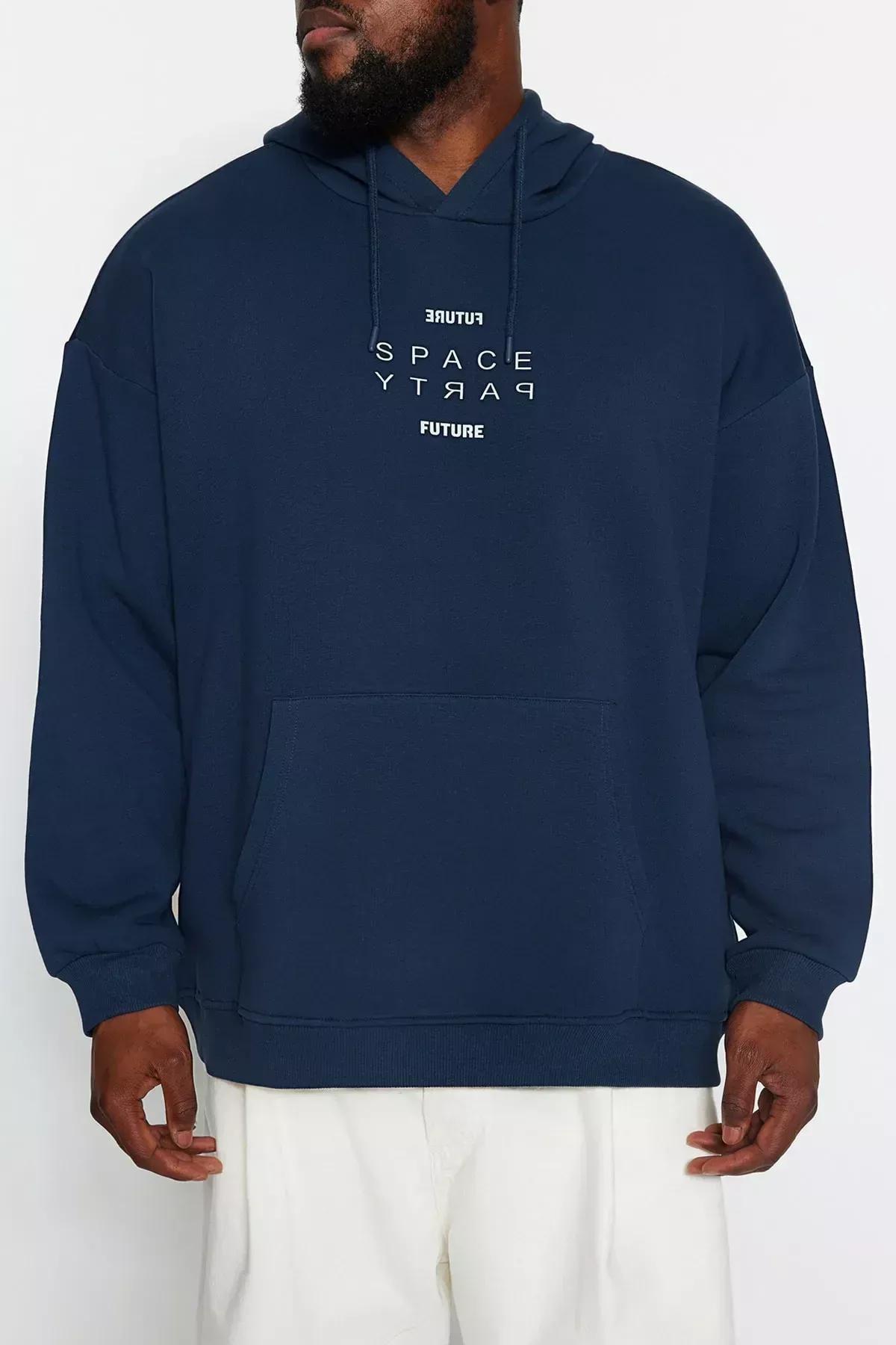 Trendyol - Navy Oversize Printed Sweatshirt