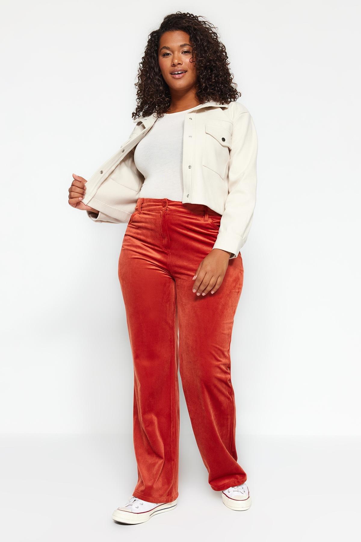 Orange High Waist Corduroy Trousers, , large image number 1