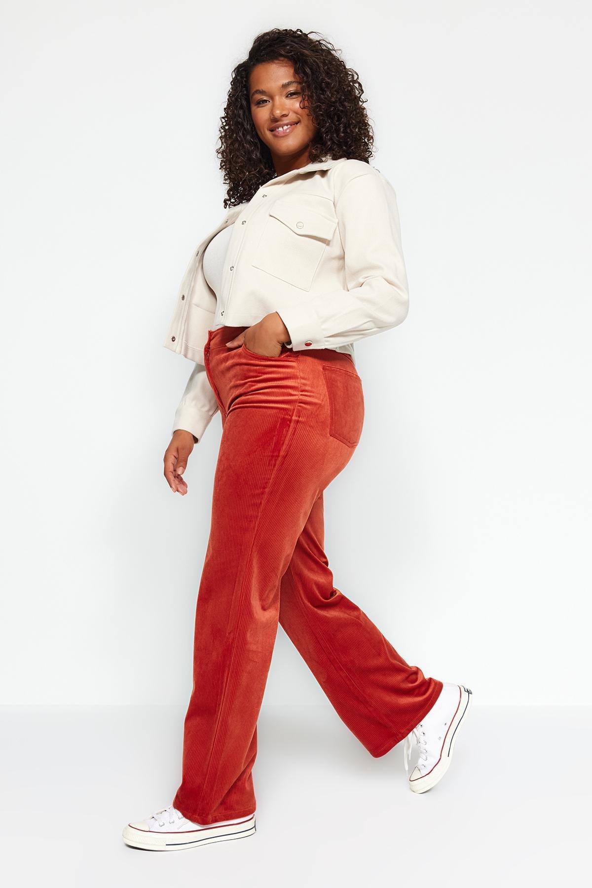 Orange High Waist Corduroy Trousers, , large image number 2