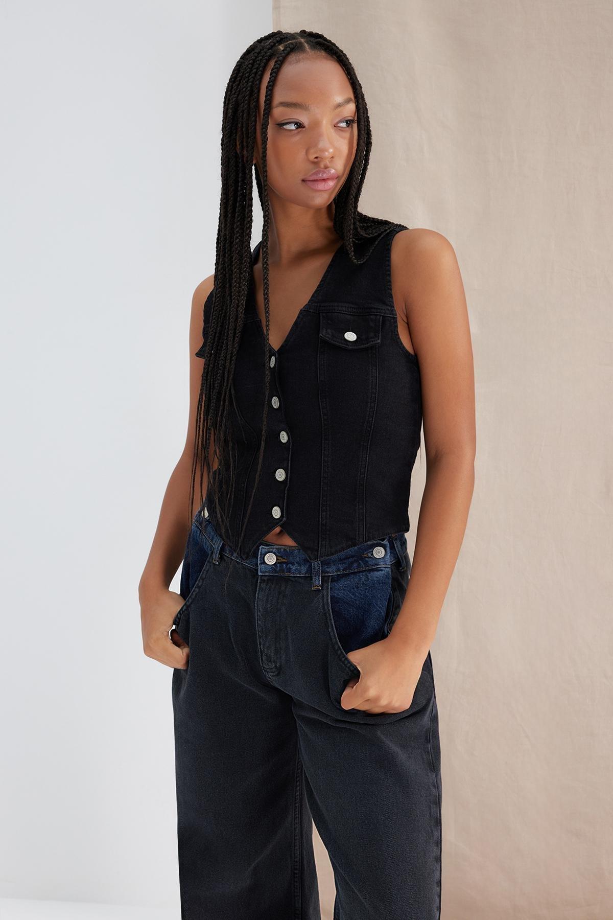 Black Sustainable Denim Vest, , large image number 0