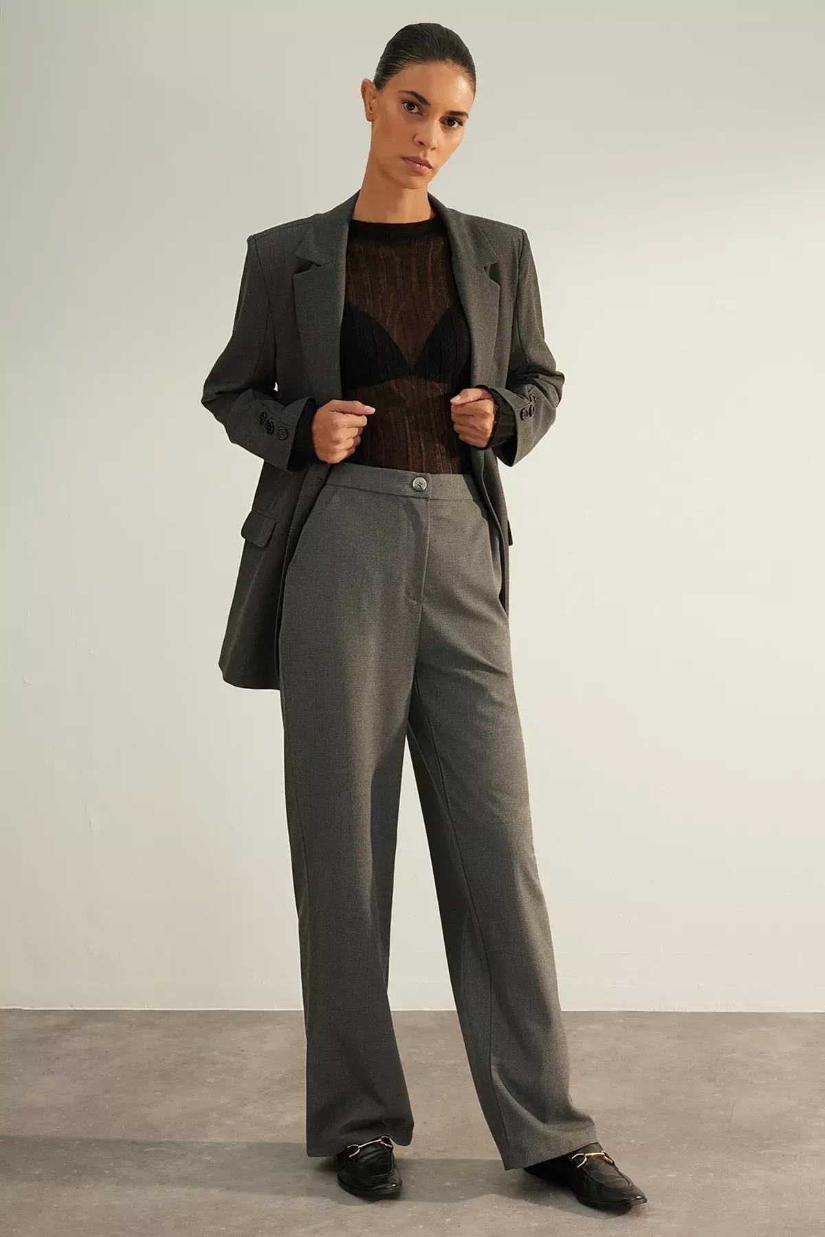 بنطال فاخر بقصة ساق عريضة، رمادي, Anthracite, large image number 1