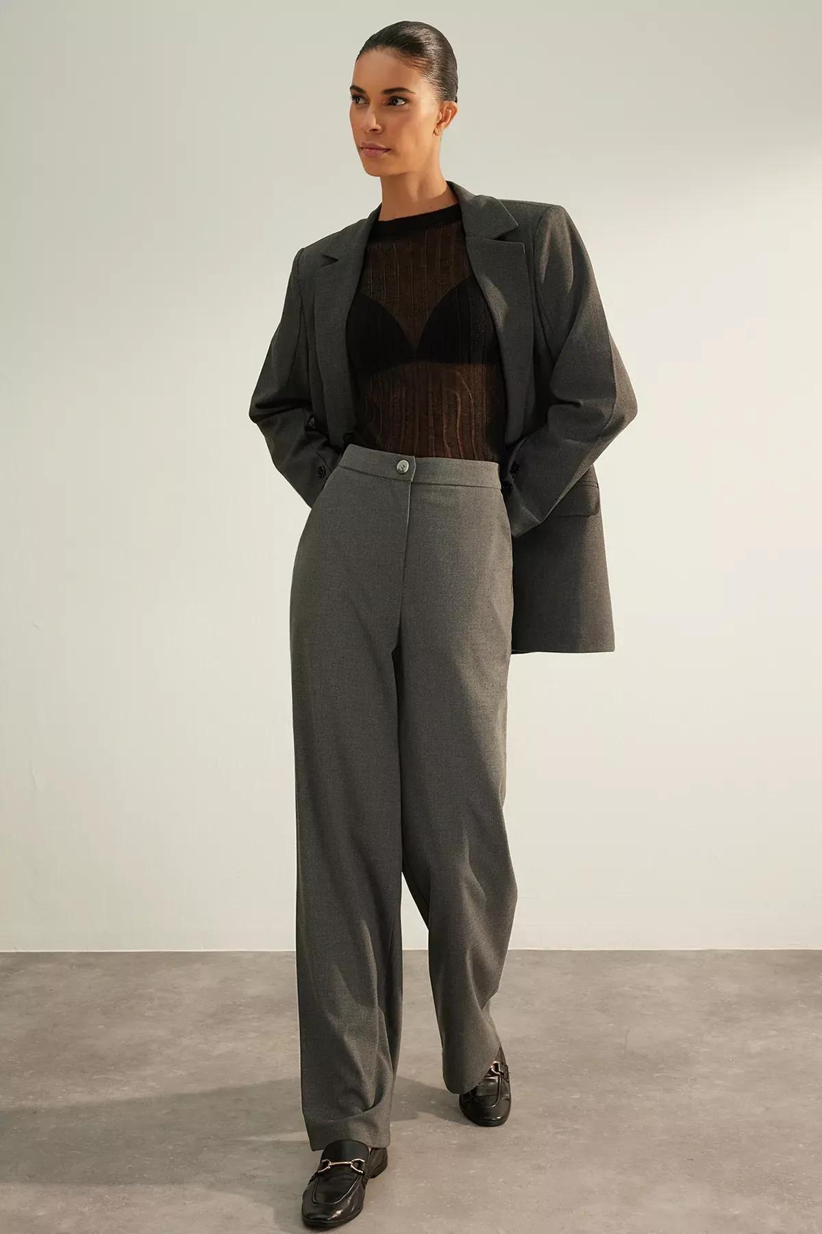 بنطال فاخر بقصة ساق عريضة، رمادي, Anthracite, large image number 2