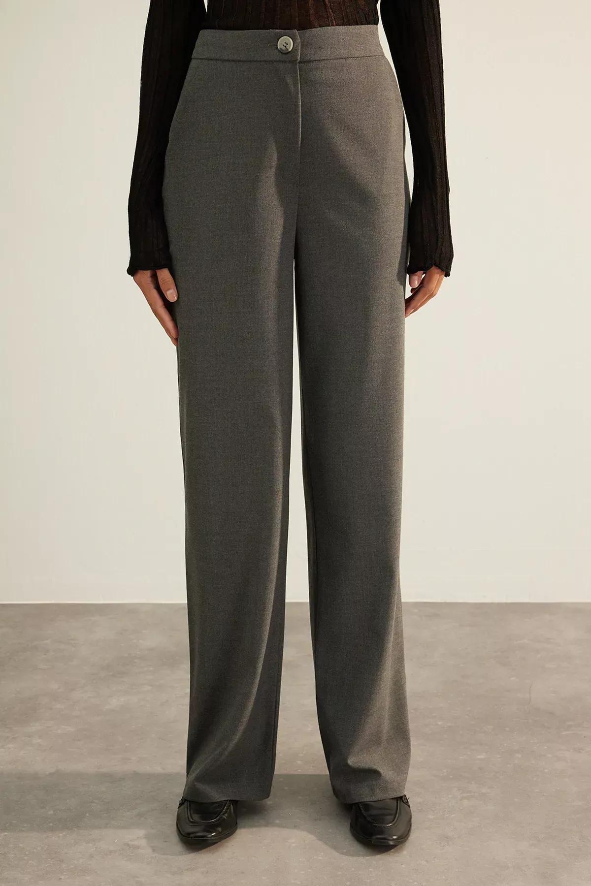 بنطال فاخر بقصة ساق عريضة، رمادي, Anthracite, large image number 3